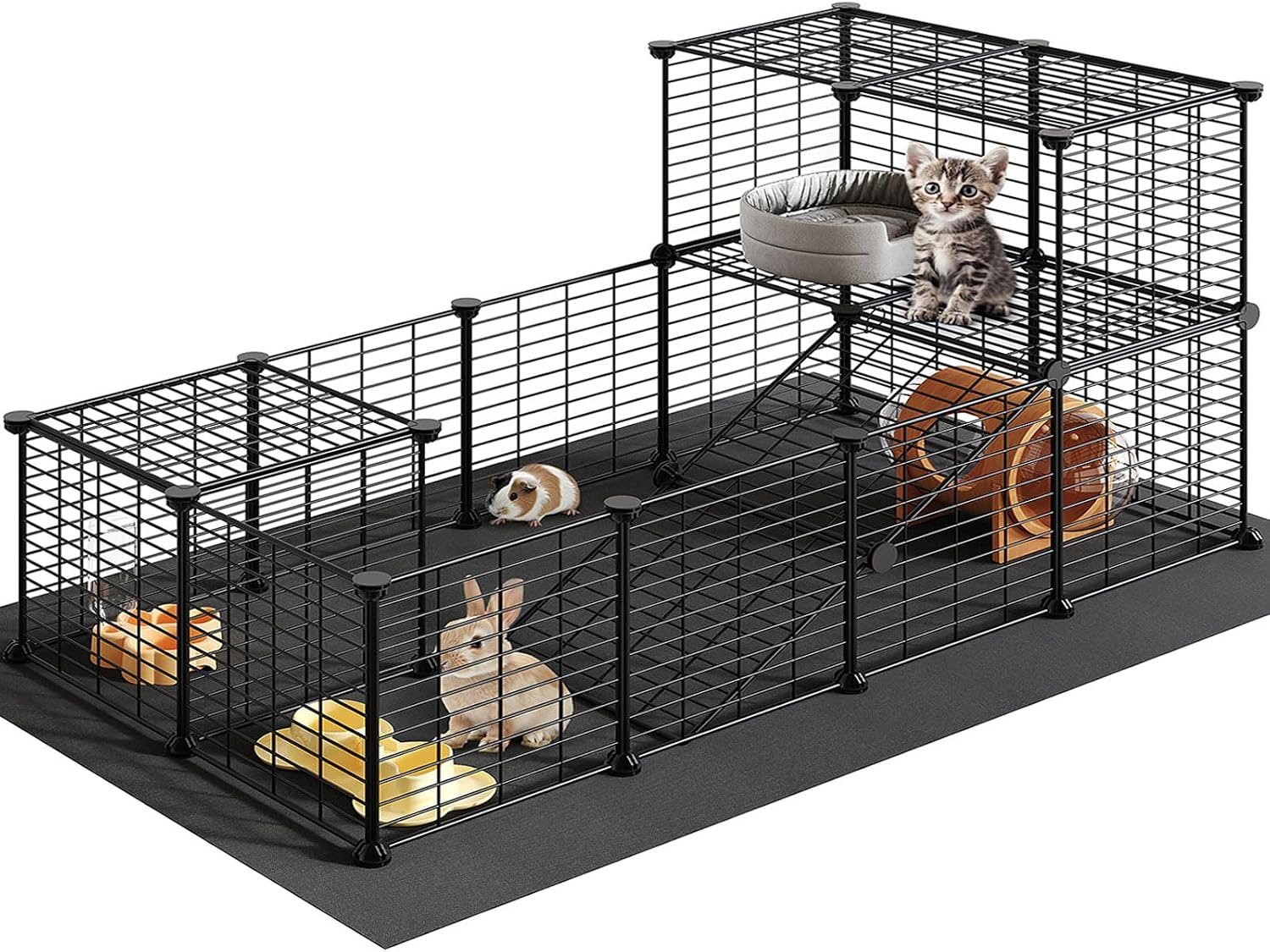 HOOBRO 24 Panels Guinea Pig Cage with Waterproof Mat and Ramp, 57″ x 31.5″ x 23.6″ Loft Design Small Animal Playpen, Rabbit Cage, Bunny Cage, Pet Playpen, Indoor Outdoor Yard Fence, Black BK03PP03