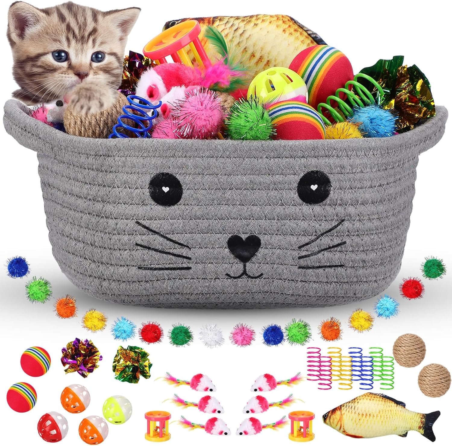 Zopeal 58 Pcs Summer Cat Storage Basket Gift Toys Set, Colorful Flashing Balls Pet Bell Crinkle Balls Spring Toys Attract Cat to Swat, Hunt, Interactive for Pet(Grey,9.8 Inch)