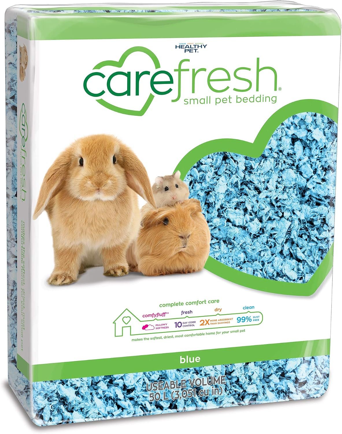 Carefresh Blue Natural Paper Small Pet Bedding, Odor Control, 50L | 2X more absorbent, 99% dust free, odor control, Biodegradable and compostable, For hamsters, rabbits and guinea pigs