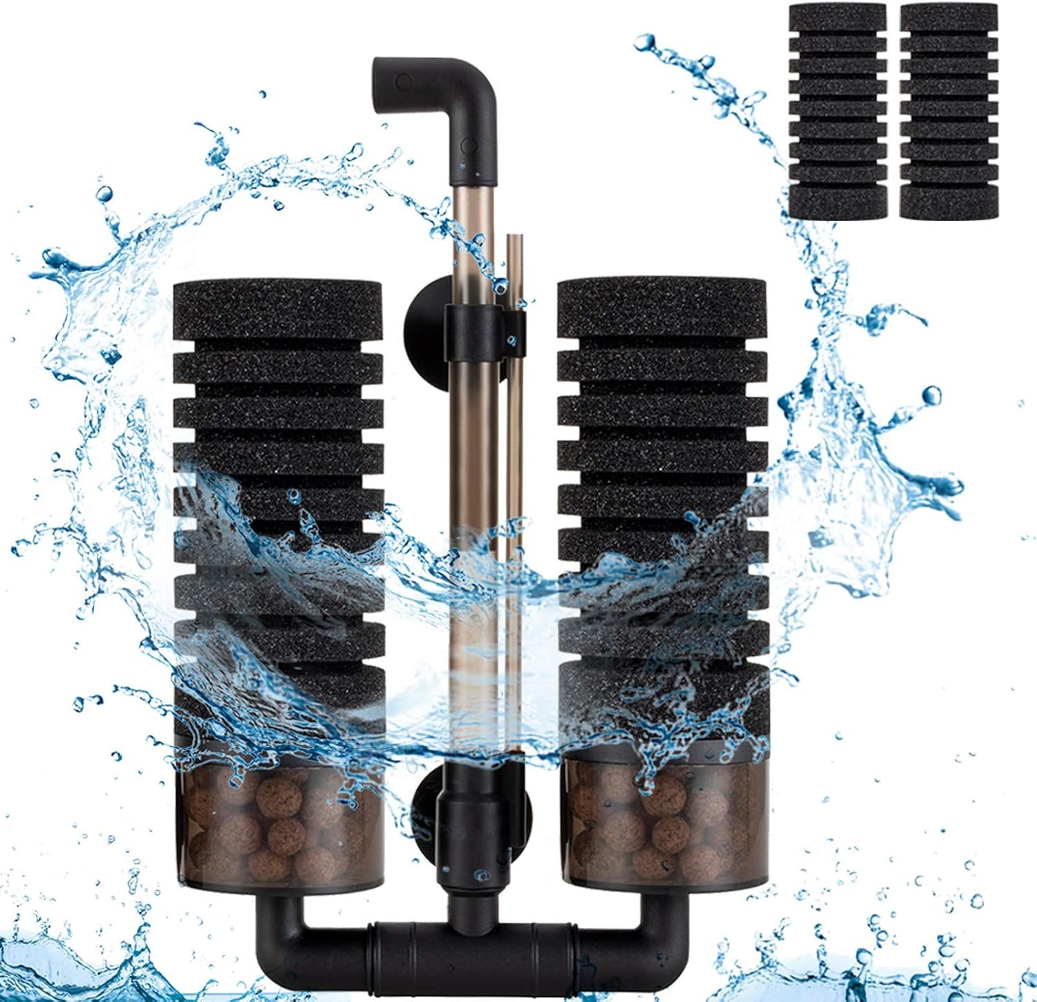 hygger Sponge Filter, Aquarium Filter Double Sponge Replaceable Media with 4 Biochemical Sponges and 1 Bag of Filtered Ceramic Balls Ultra Quiet Filter Fish Tank (S/M) (M for 15 to 55 Gallon Tank)