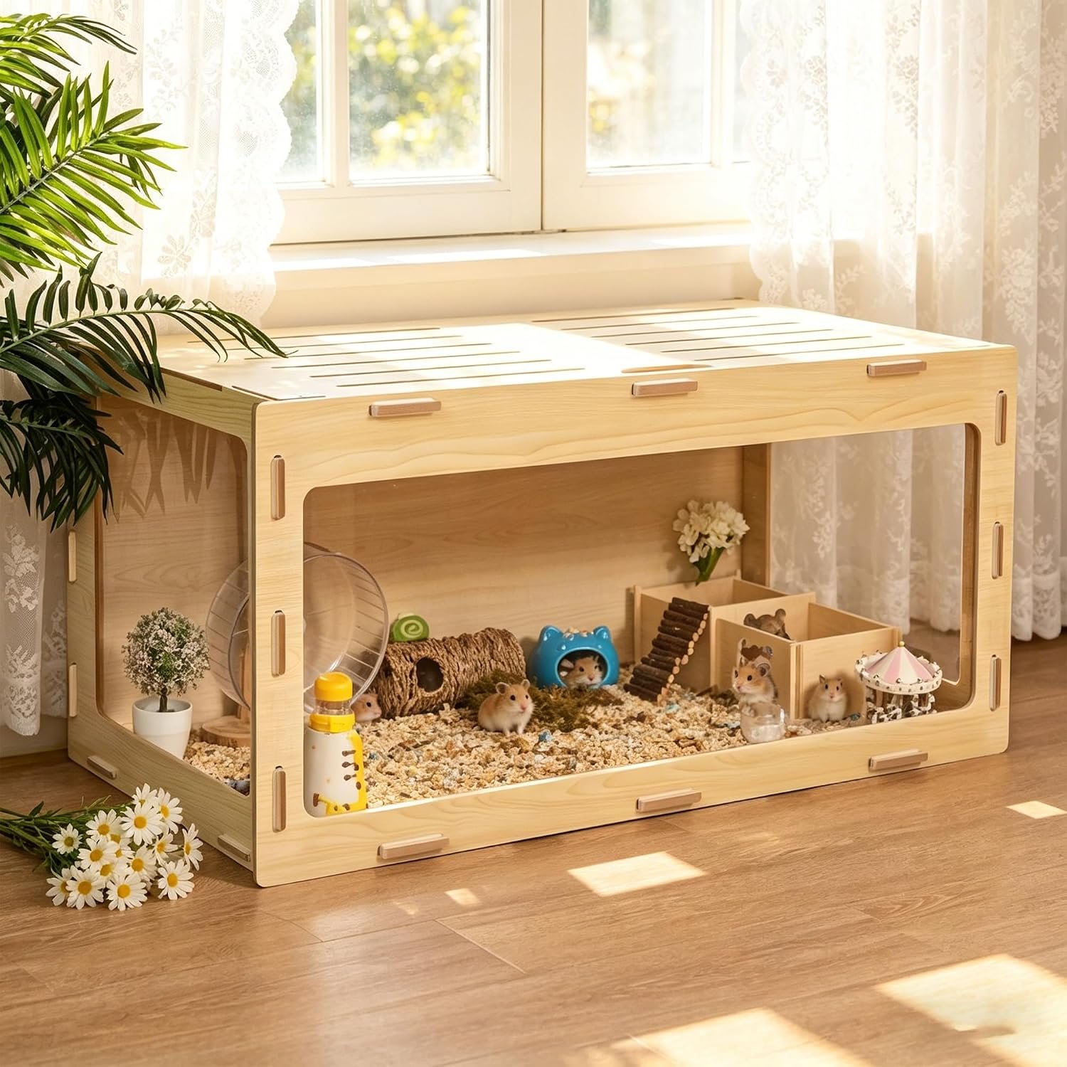 COZIWOW Wooden Hamster Cage 32″ Large Small Animal Habitat Enclosure | Tool‑Free Assembly, Chewproof Acrylic Panel, Openable Breathable Top, 270° Panoramic View, 32x16x16″Spacious Cage Fit Gerbil