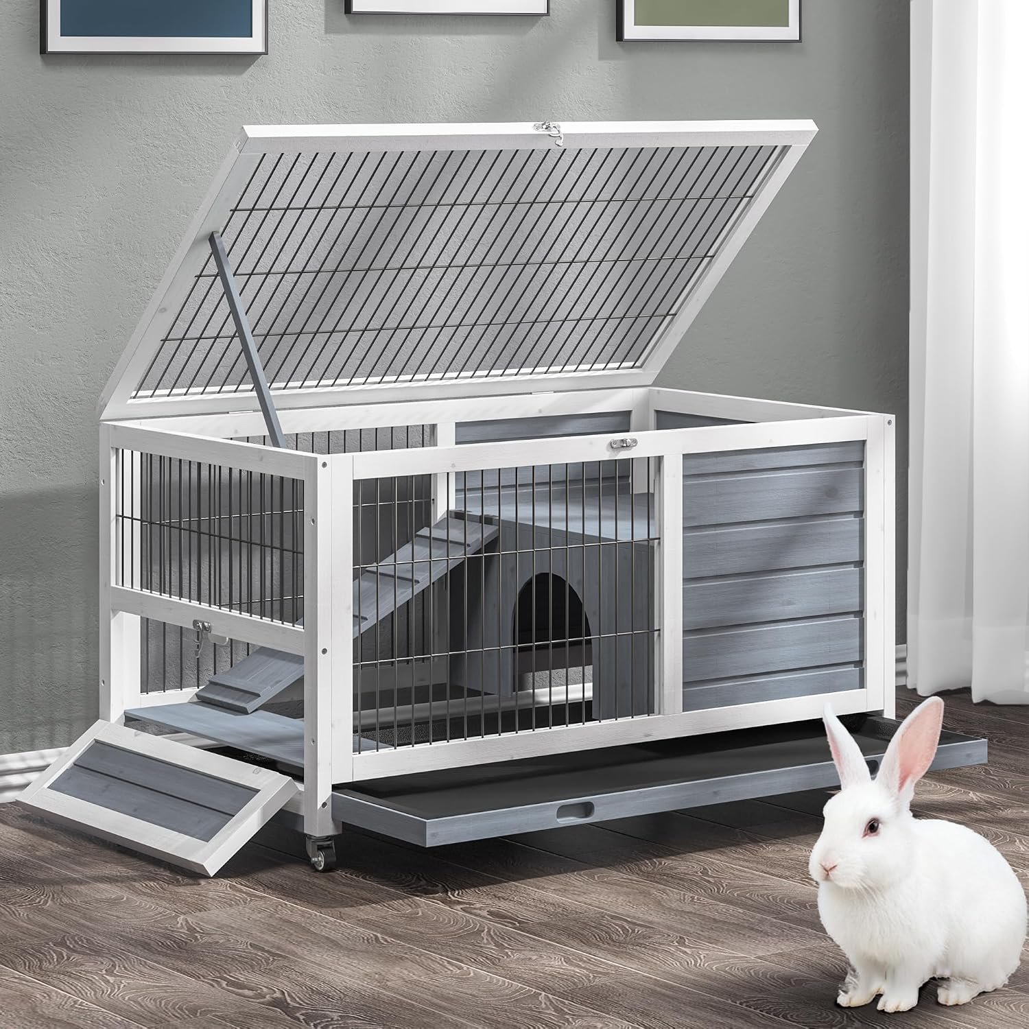 Rabbit Hutch Indoor/Outdoor with Wheels, 2 Story Wooden Bunny Cage Leak-Proof Trays & Easy Feed Support Rod, Large Guinea Pig House with Ramp, Pet Habitat for Small Animals (Light Grey)