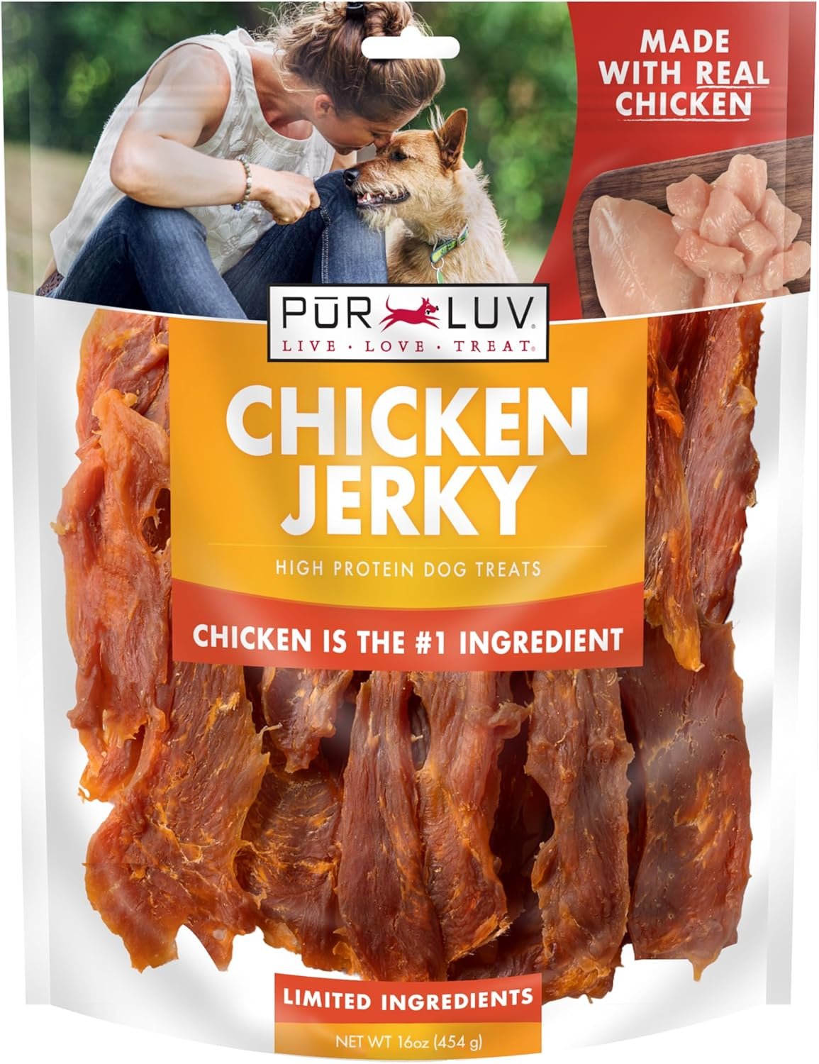 Pur Luv Chicken Jerky Dog Treats, Made with 100% Real Chicken Breast, 16 Ounces, Healthy, Easily Digestible, Long-Lasting, High Protein, Satisfies Dog’s Urge to Chew | 3-ingredient jerky: whole-muscle chicken breast, 12g protein/treat; no dyes, fillers or artificial flavors