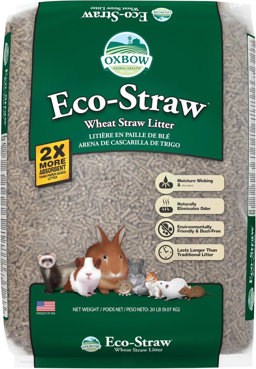 Oxbow Eco Straw Rabbit Litter Pellets, Bunny & Ferret Litter, USA, 20 lb | Wheat Straw Pellet Litter, Low Dust, Rabbits, Bunnies, Ferrets, Guinea Pigs, Cats, Odor Control, Scoopable, Highly Absorbent