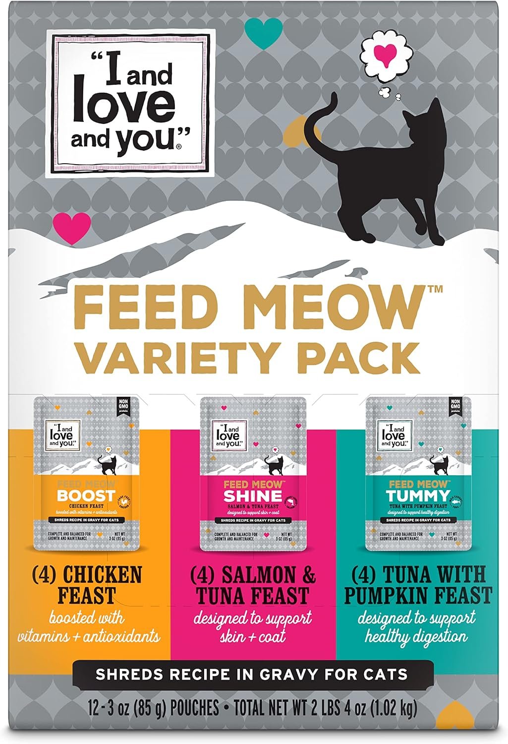 I AND LOVE AND YOU Feed Meow Variety Pack – Salmon, Chicken, Tuna – Grain Free, Shredded, No Fillers 3oz Pack of 12