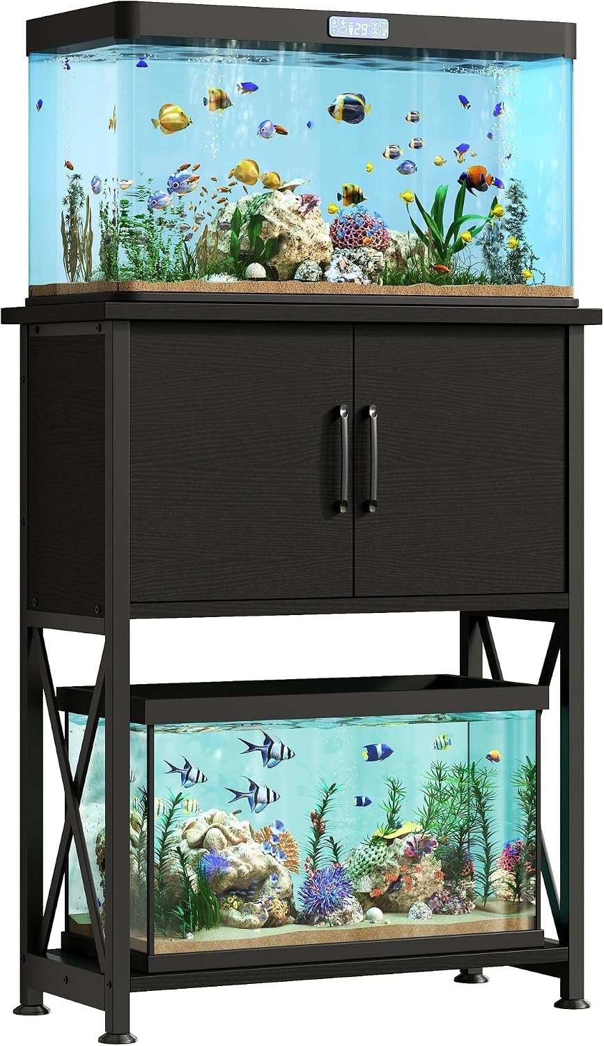 Herture 5-10 Gallon Fish Tank Stand, Metal Double Aquarium Stand with Cabinet for Fish Tank Accessories Storage, Heavy Duty 20.5″ L* 11.02″ W Tabletop, 500LBS Capacity Black PG06YGB