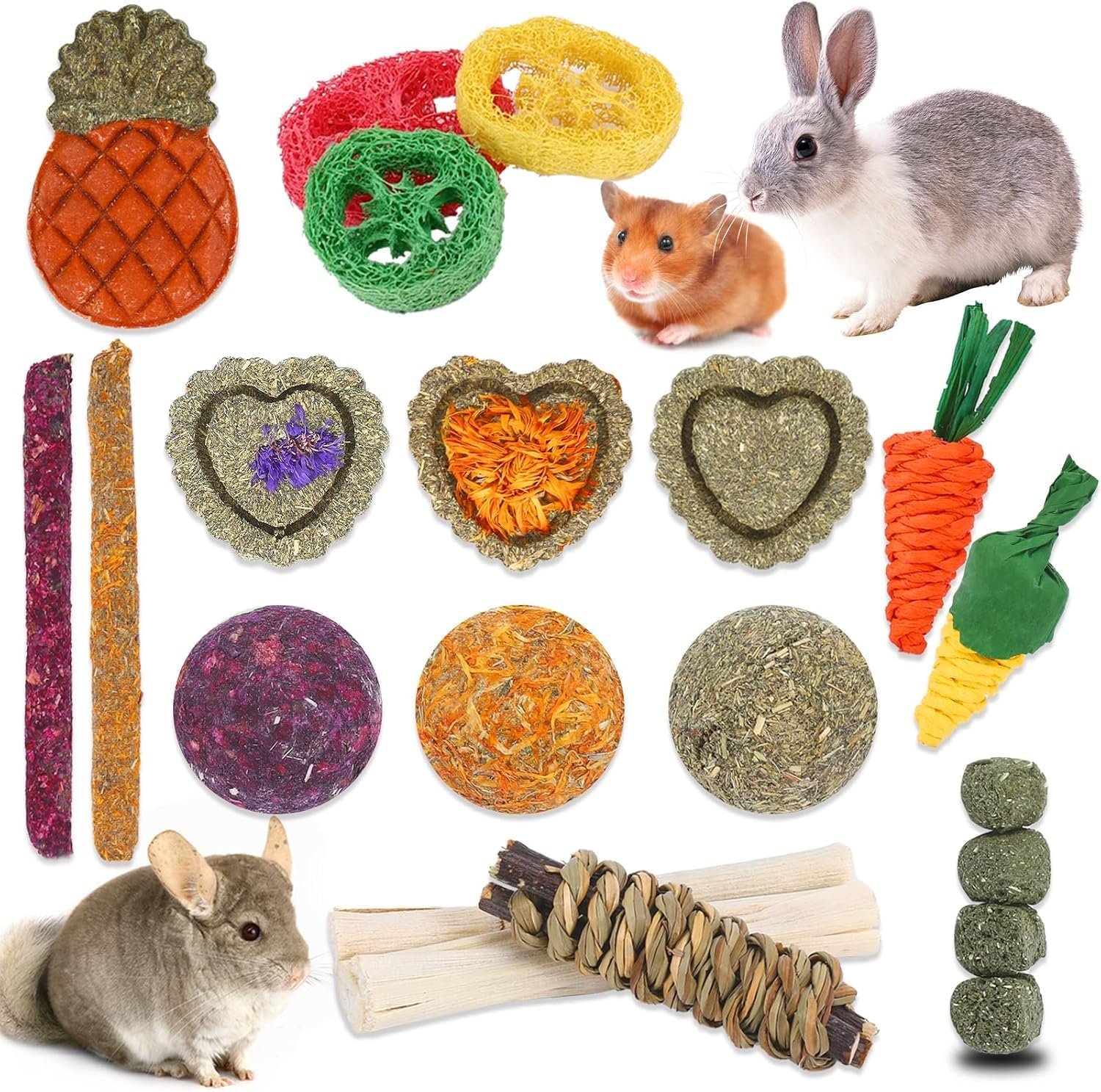 Bunny Toys, 21PCS Rabbit Chew Toys for Teeth, Guinea Pig Natural Treats | Timothy Hay Sticks chew Treats for ChinchillasRabbit, Bunny, Hamsters, Rats, chinehila, Small Animals Teeth Grinding Care