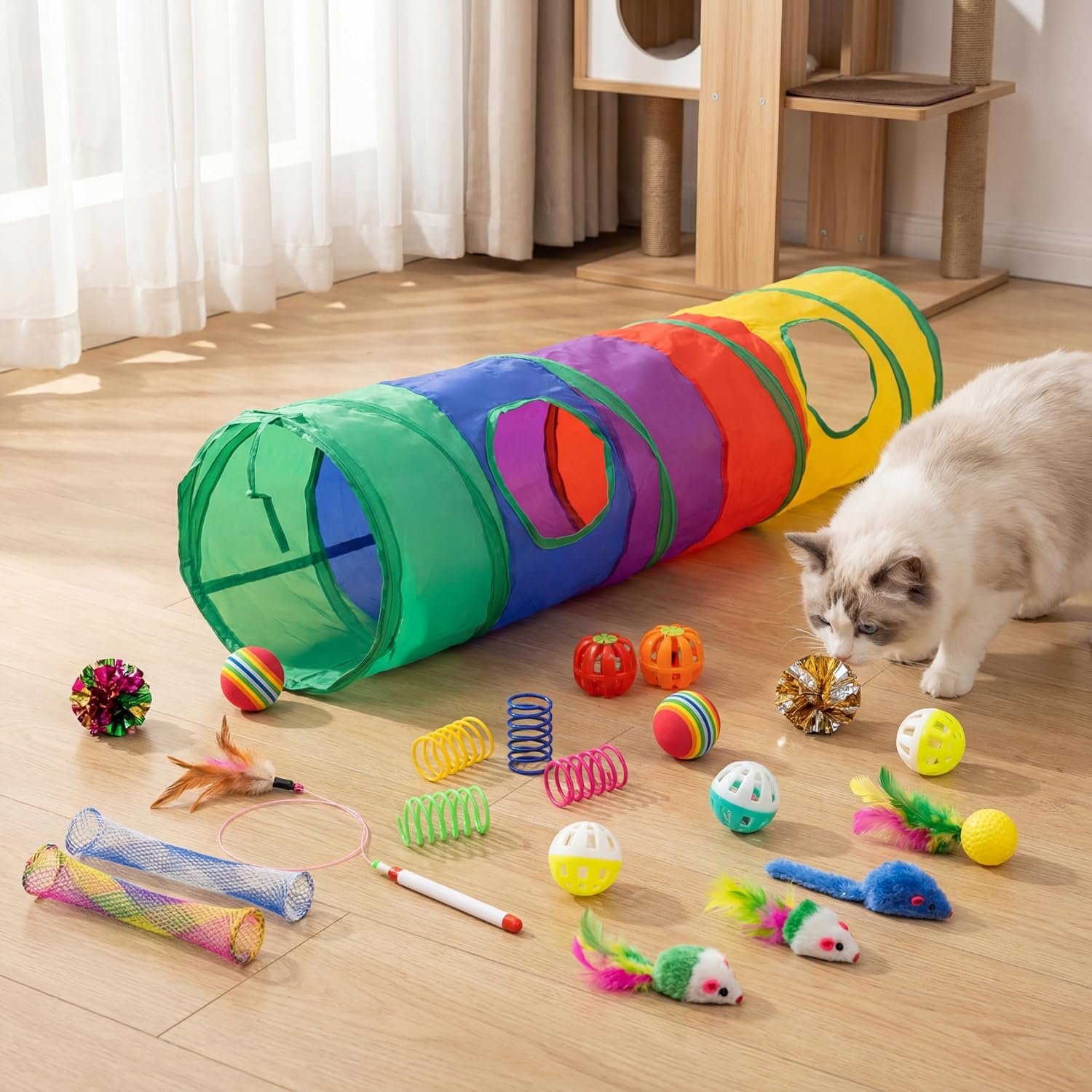iCAGY 25 Pcs Cat Toys Set, Cat Tunnel Toy for Indoor Cats, Kittens | Interactive Variety Pack, 45″ Rainbow Cat Tunnel, Feather Teaser, Feather Golf, Mice, Springs, Balls, Noise Toys – Colorful
