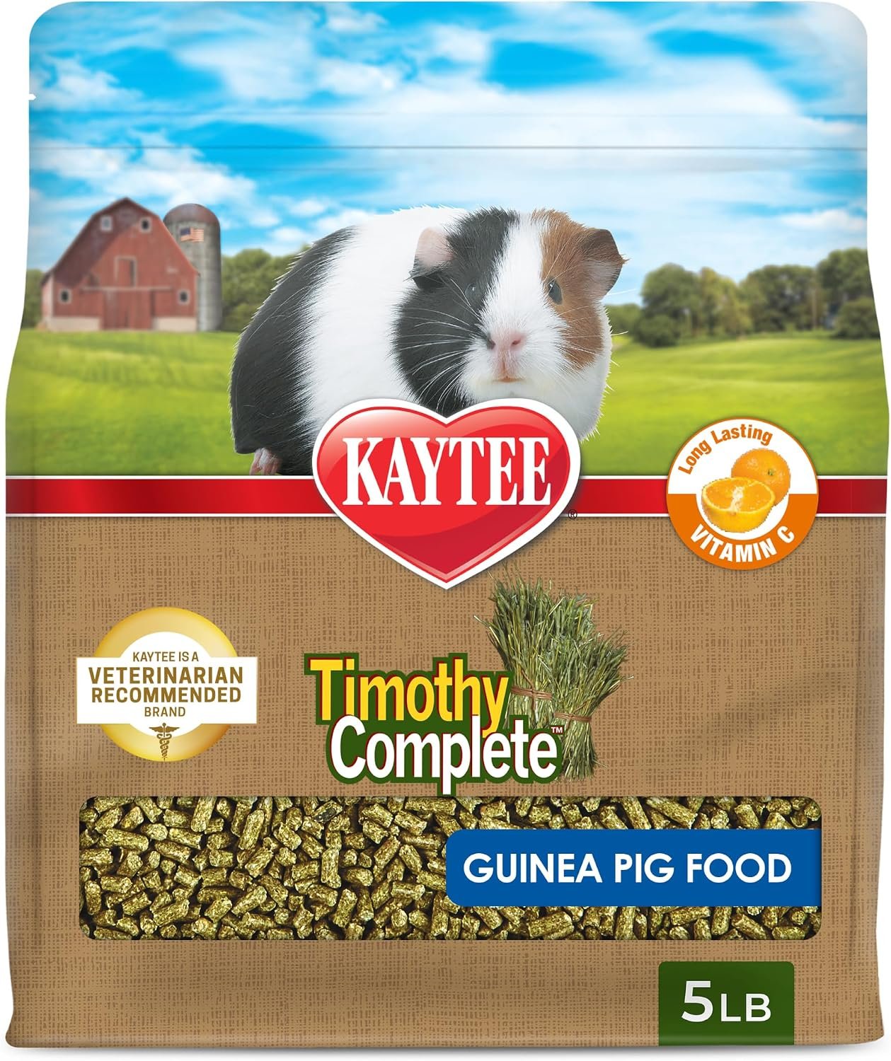 Kaytee Timothy Complete Guinea Pig Food with Timothy Hay, 5 Pounds | Supports digestion. Pelleted food for guinea pigs. guinea pig pellets, vitamin C, probiotics