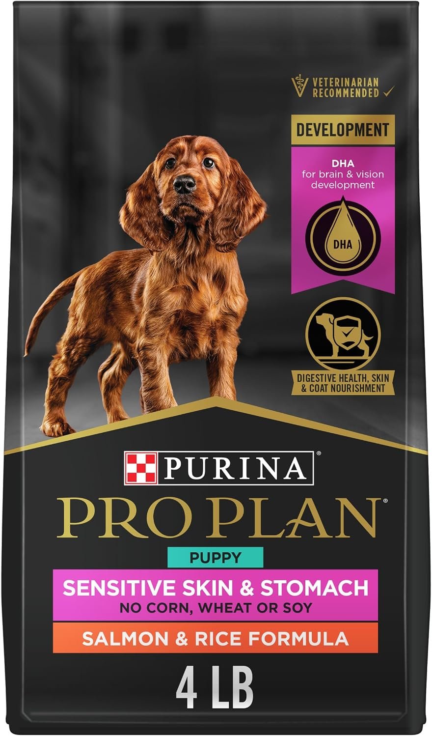 Purina Pro Plan Sensitive Skin & Stomach Puppy Dog Food, Salmon, 4 lb Bag | Real Salmon & Rice Formula, with prebiotic fiber, easily digestible with fish oil, a source of EPA and DHA, for heart health
