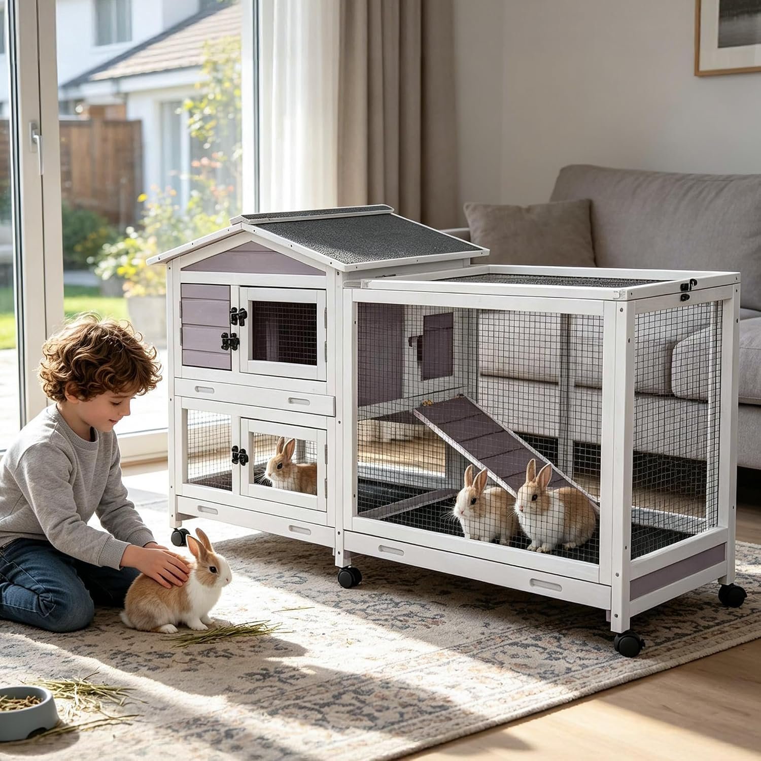 62″ L Extra Large Wooden Rabbit Hutch on Wheels with Chew-Proof Ramp, Grey
