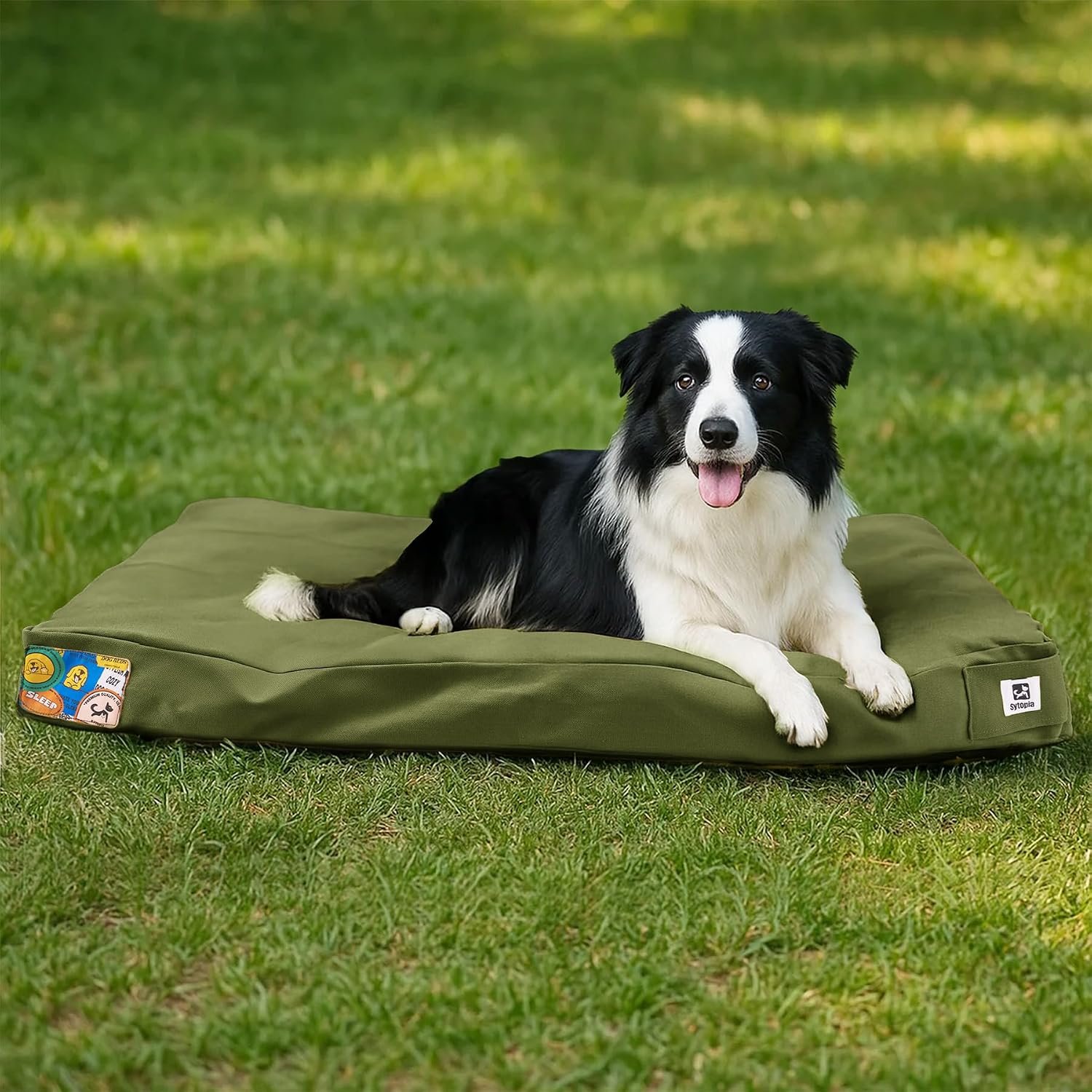 Sytopia 36 Inch Canvas Outdoor Dog Bed for Large Dogs, Chew Proof Dog Bed with Waterproof Machine Washable Removable Cover, Durable Indoor Patio Pet Pad for Crate, Green