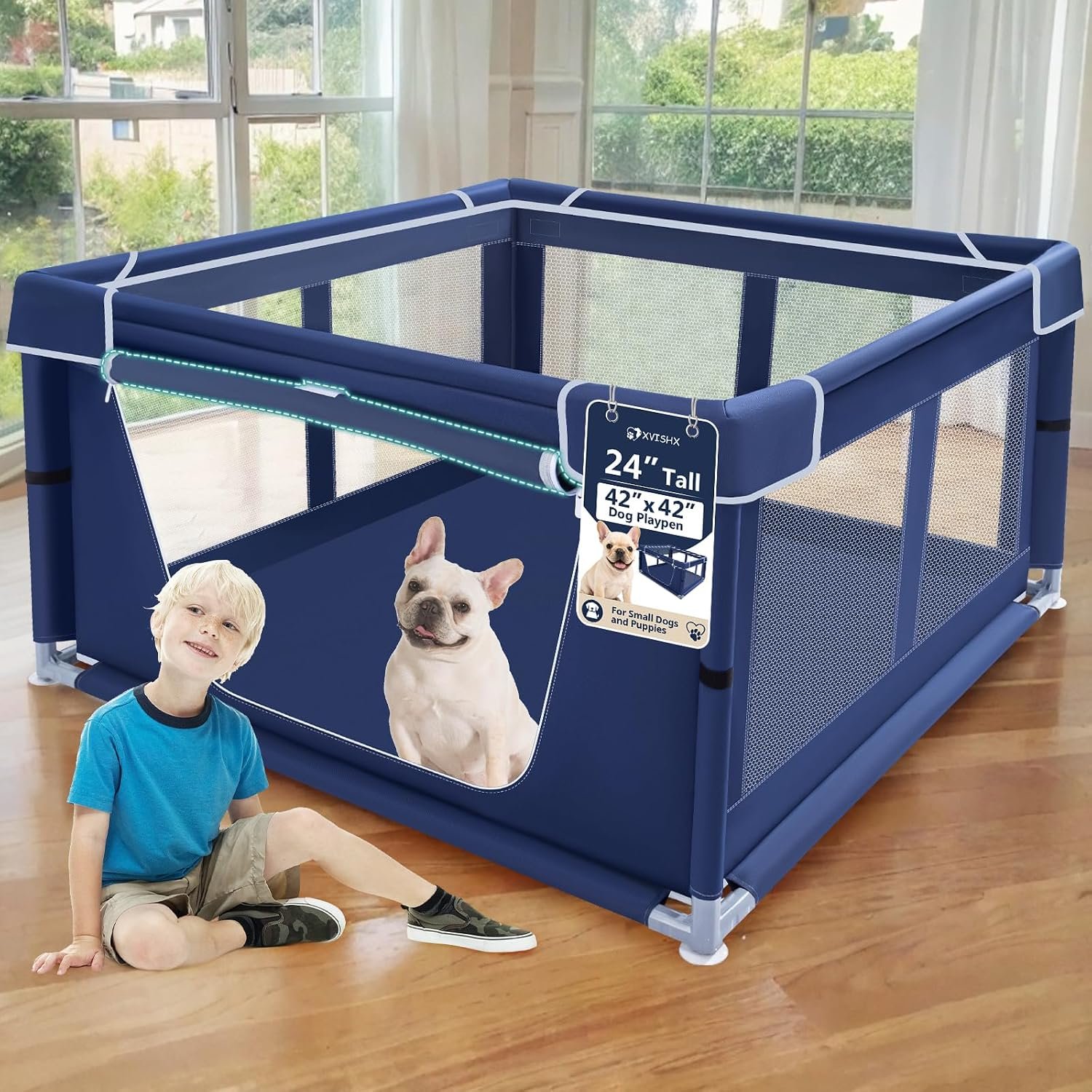 XVISHX 42×42 Inches Puppy Playpen with Gate, Dog Playpen for Puppies or Small Dogs, DogFence Pet Playpen for Indoor & Outdoor, Sturdy Safety DogPen with Thickened Fabric, High-Strength Nylon Wire Mesh