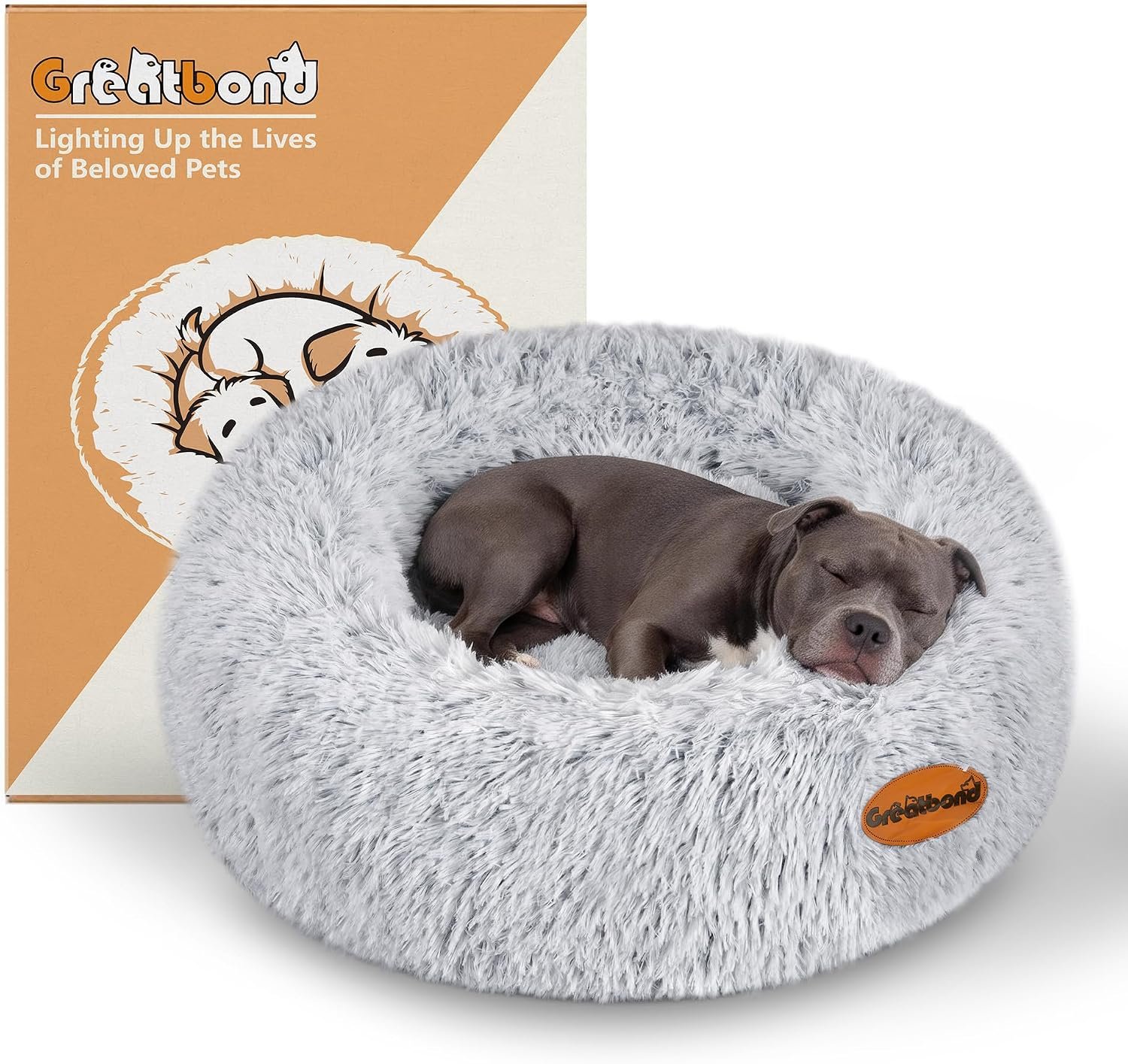 Calming Dog Bed for Medium Size Dogs, 31in Donut Washable Dog Bed with Removable Cover & Foam Filling, Anti-Slip Round Cat Bed Indoor Anti-Anxiety Fluffy Plush Fur Bed, Fits up to 60lbs Pets, Grey