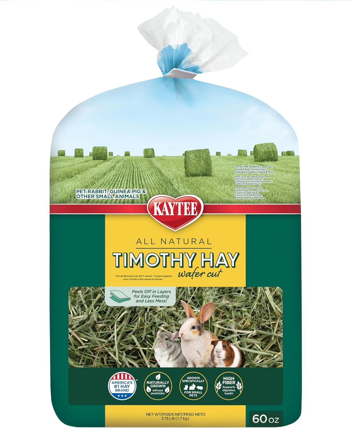 Kaytee Wafer Cut Timothy Hay for Rabbit & Guinea Pigs, 60 Ounce | Less mess. Rabbit hay peels in layers. High fiber, guinea pig food
