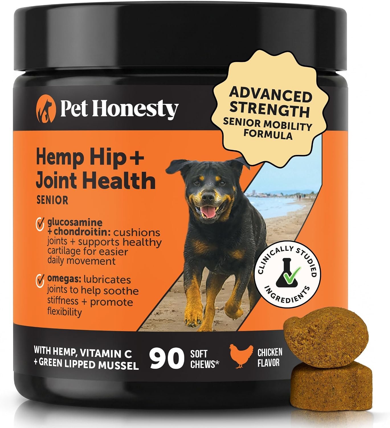 Pet Honesty Vet Recommended Hip and Joint Supplement for Dogs, 90 Count | Advanced strength dog joint supplement with glucosamine chondroitin, chicken & hemp, supports mobility, eases stiffness