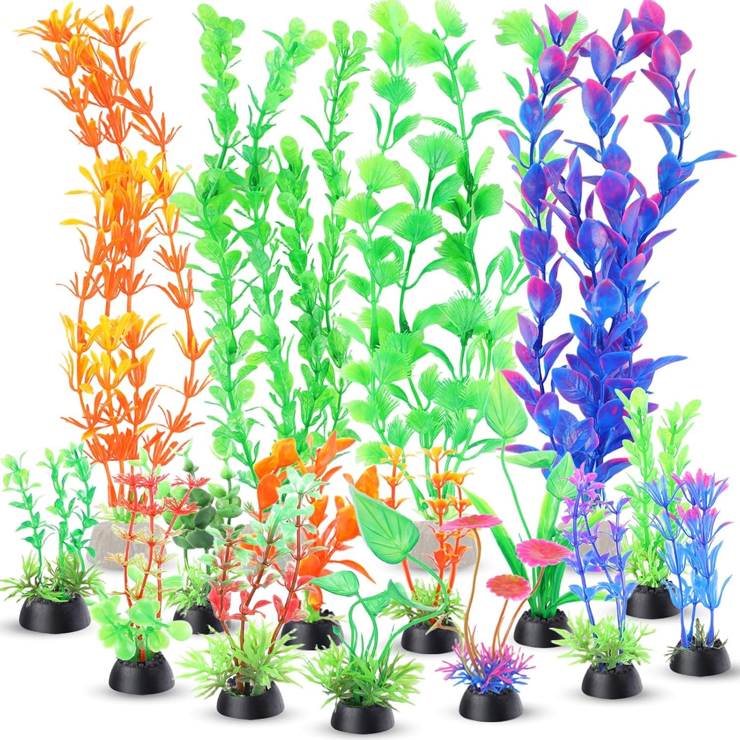 Ninsula Aquarium Plants 16P, Plastic Fish Tank Plants, Different Types Artificial Decor Aquarium Artificial Plastic Plants, Turtle Goldfish Betta Fish Tank Decor Set, Fish Decor for Tank (Colorful)
