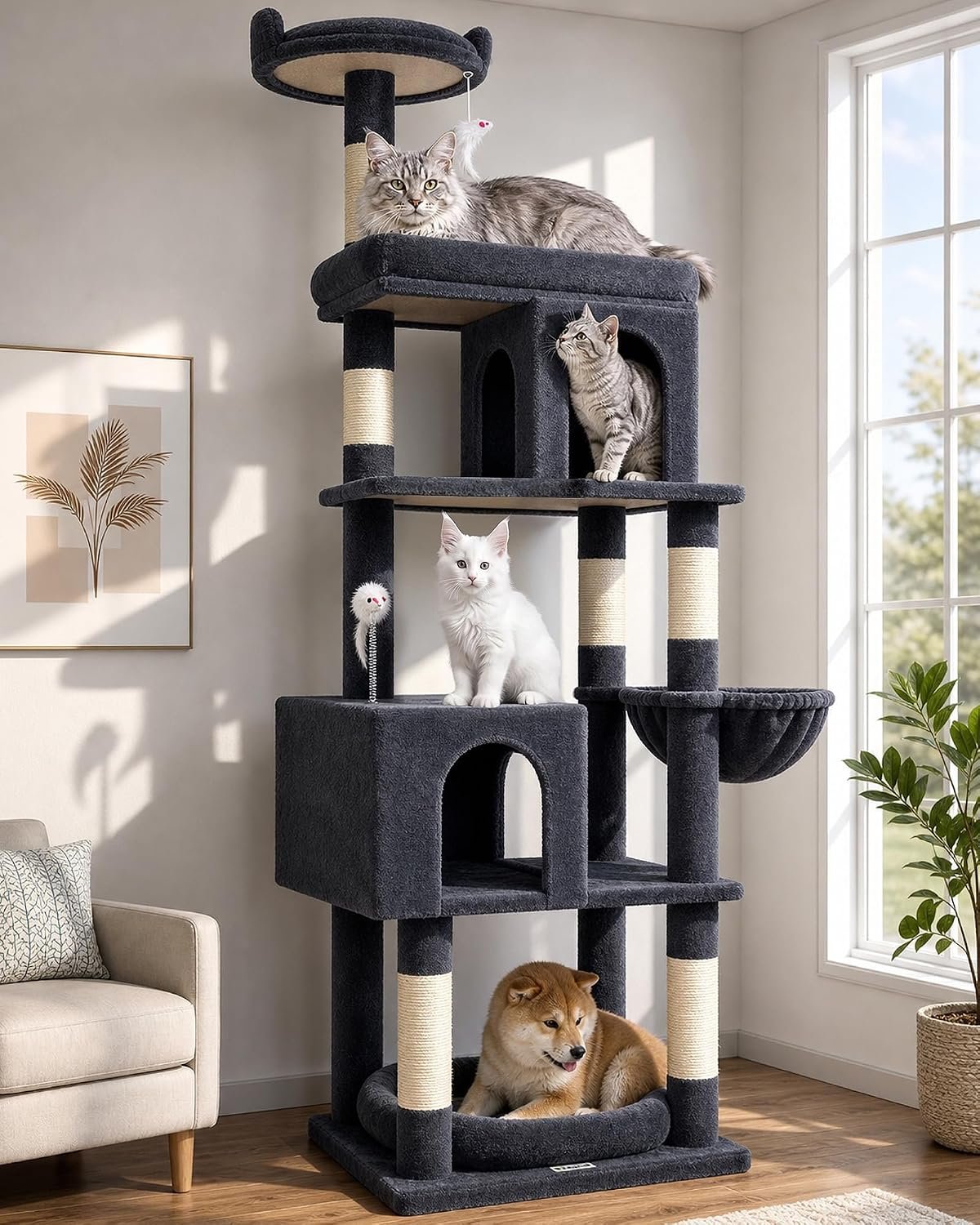 Globlazer Heavy Duty Cat Trees for Large Cats, Sturdy 72in Maine Coon Cat Tree for Large Cats 20 lbs+ Heavy Duty Cat Tower for Adult Biggest Cat with 6 Scratching Posts, Hammock, S72, Dark Gray