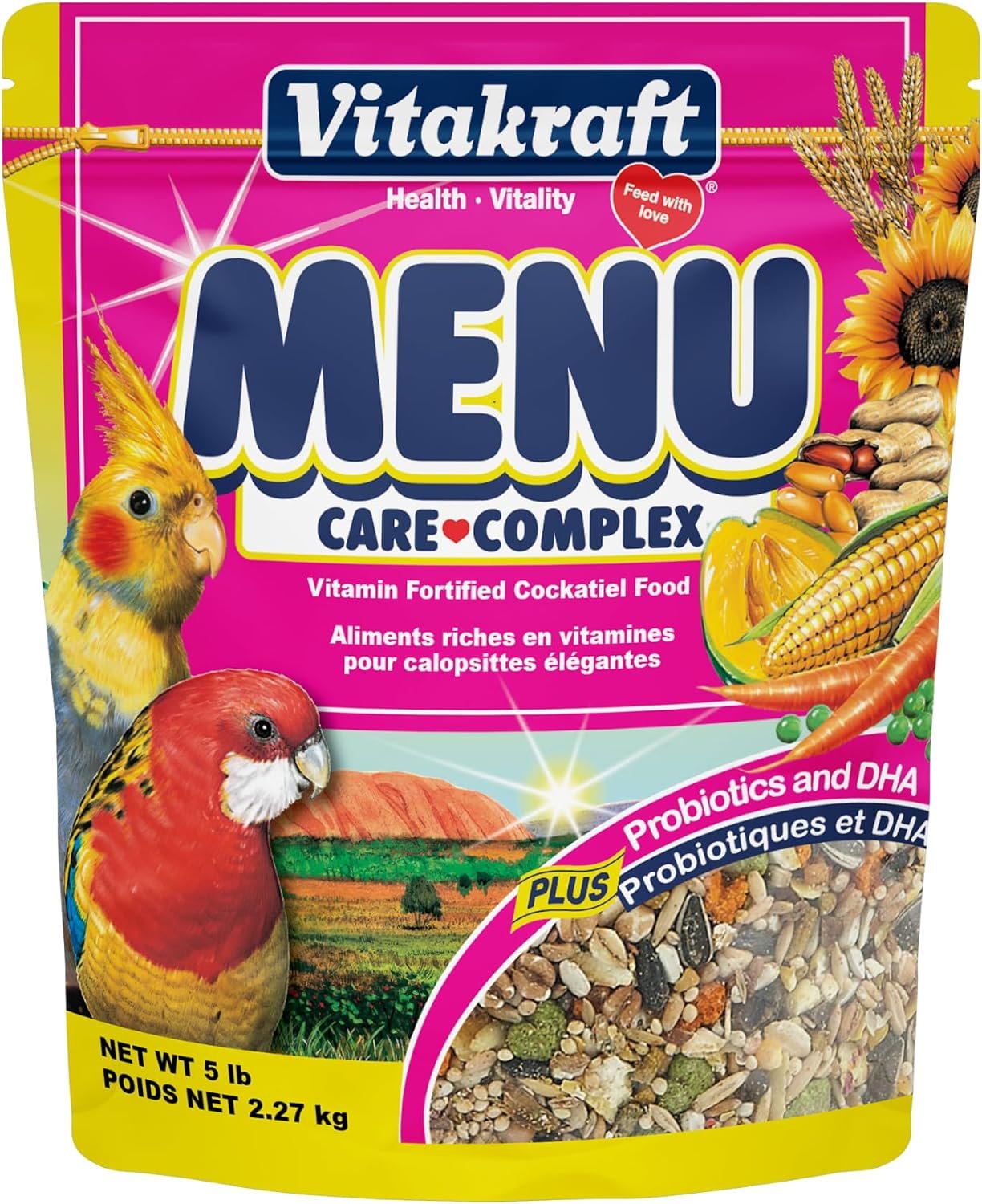 Vitakraft Menu Cockatiel Food – 5 lbs Resealable Bag Mix Of Seeds Grains Fruits Vegetables Nuts And Pellets – With Natural Probiotics DHA And Omegas For Feather And Immune Support