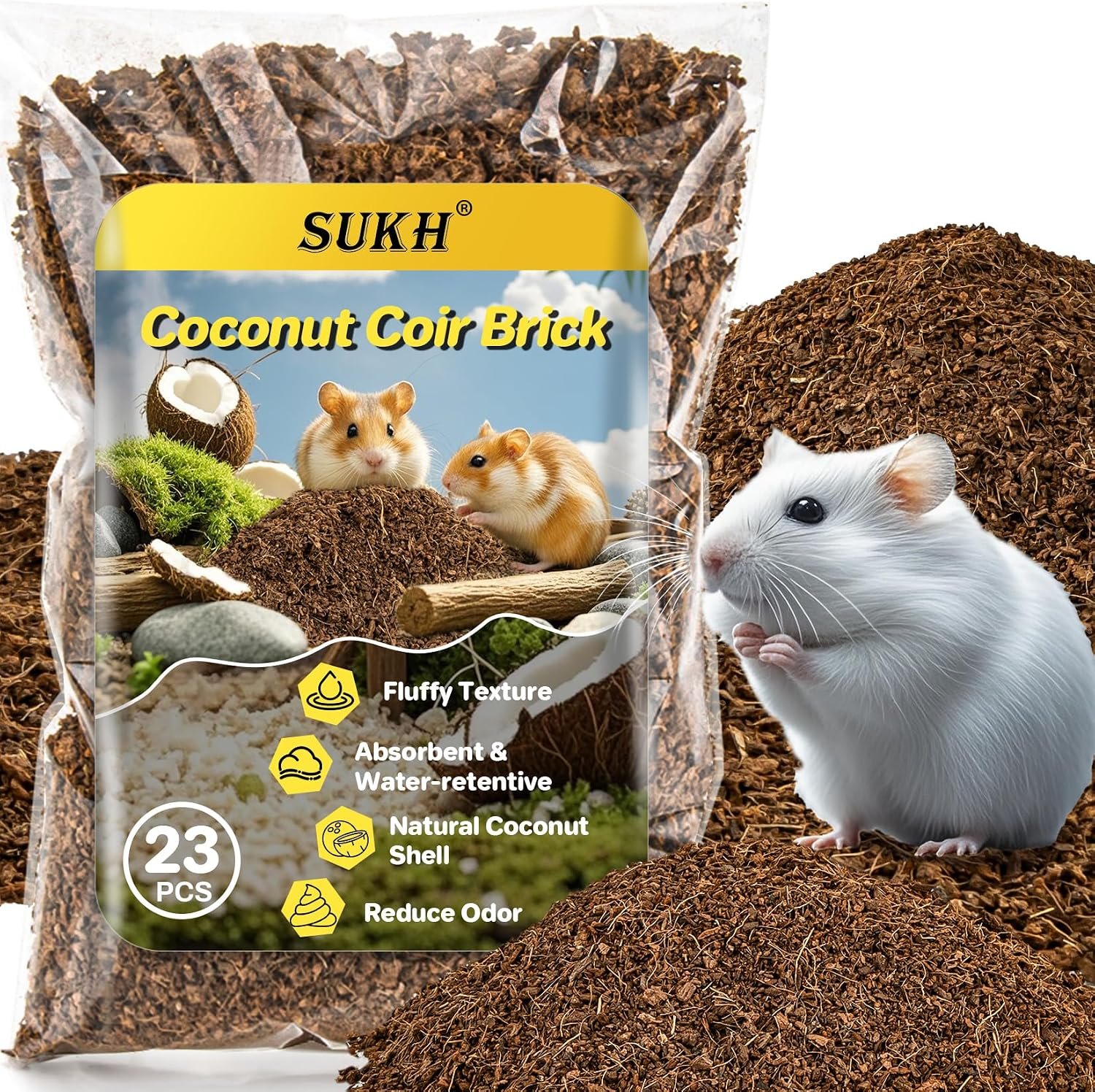 Sukh Coco Coir Hamster Bedding – Coconut Fiber Substrate for Burrowing Pets | Small Animal Litter with Odor Control for Syrian Dwarf Hamsters, Gerbils, Degus, Reptiles and Cage Habitat Enrichment