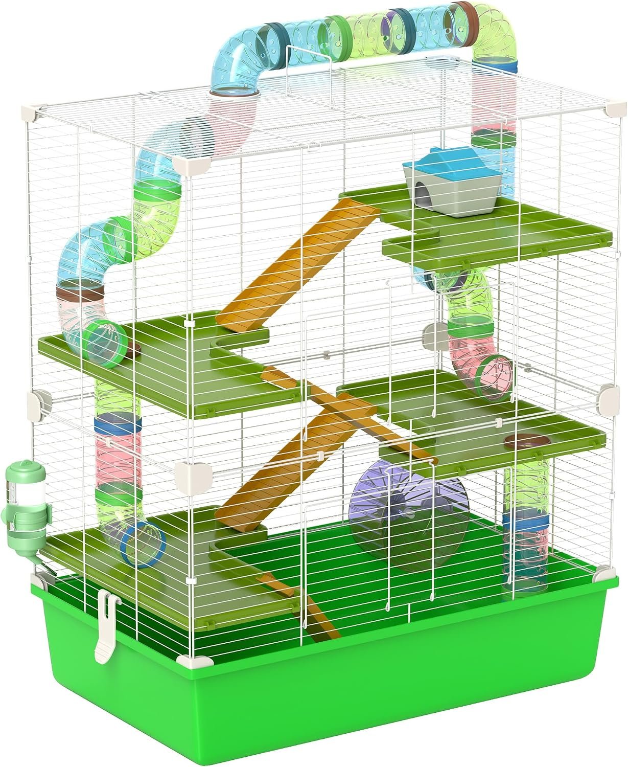 PawHut Extra Large 23″ Hamster Cage with Tubes and Tunnels, Portable Carry Handles, Rat House and Habitats Big 5-Tier Design, Mouse Cage Includes Exercise Wheel, Water Bottle, Food Dish, Green