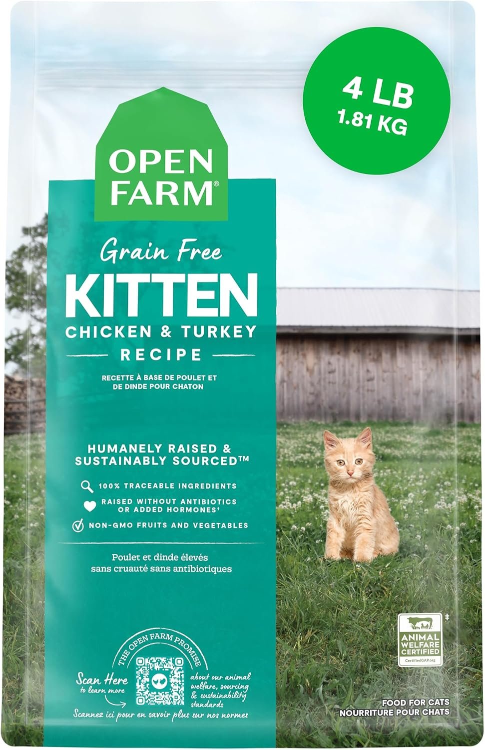Open Farm Grain Free Dry Kitten Food, Turkey & Chicken Kibble, 4lb Bag | All Kittens, High Protein, Prebiotic Fibers, 100% Traceable Ingredients, Non-GMO Fruits & Veggies.