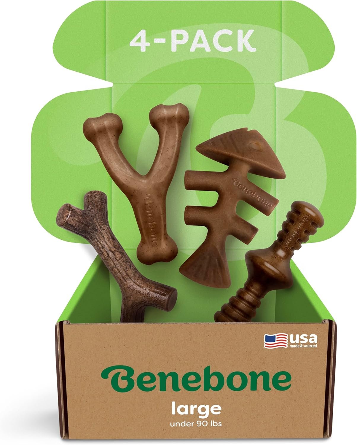 Benebone Large 4-Pack Dog Toys for Aggressive Chewers – Under 90 lbs | Durable, Multipack, Super Chewer, Made in USA, Dog Bones, Long-Lasting, A Size for Every Dog, Keeps Them Busy