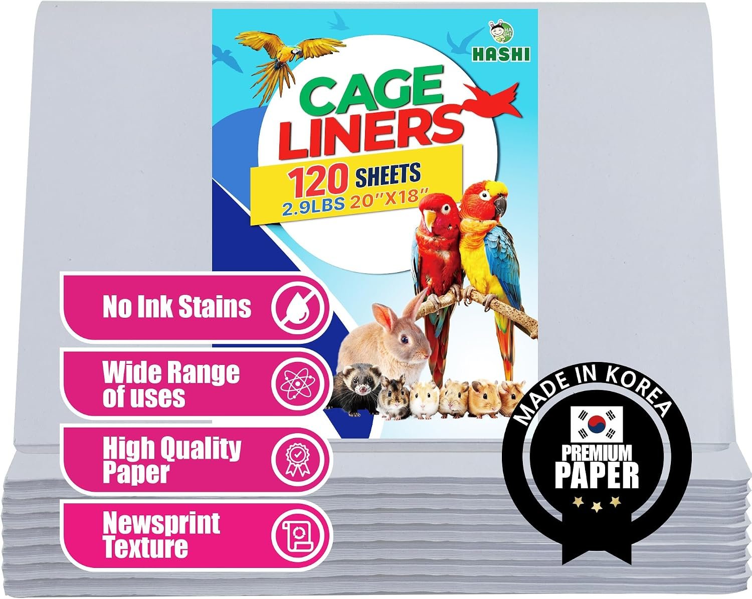 HA SHI Bird Cage Liners, 120 Disposable Newsprint Sheets, Unscented Paper for Pet Enclosures, Packing and Crafts (Standard (20″ x 18″))