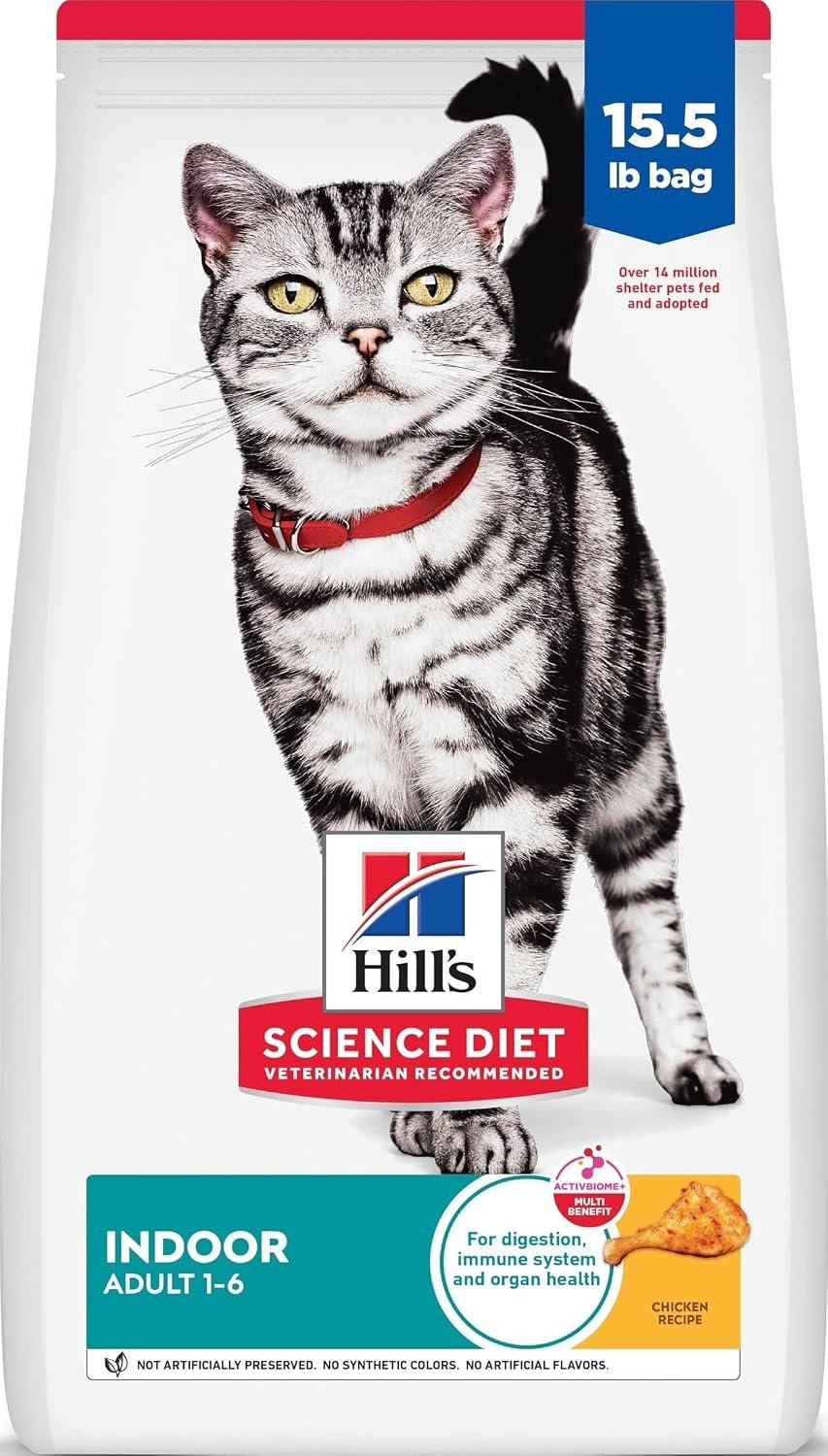 Hill’s Science Diet Adult 1-6 Indoor Dry Cat Food | #1 Veterinarian Recommended, Chicken Recipe, 15.5 lb. Bag