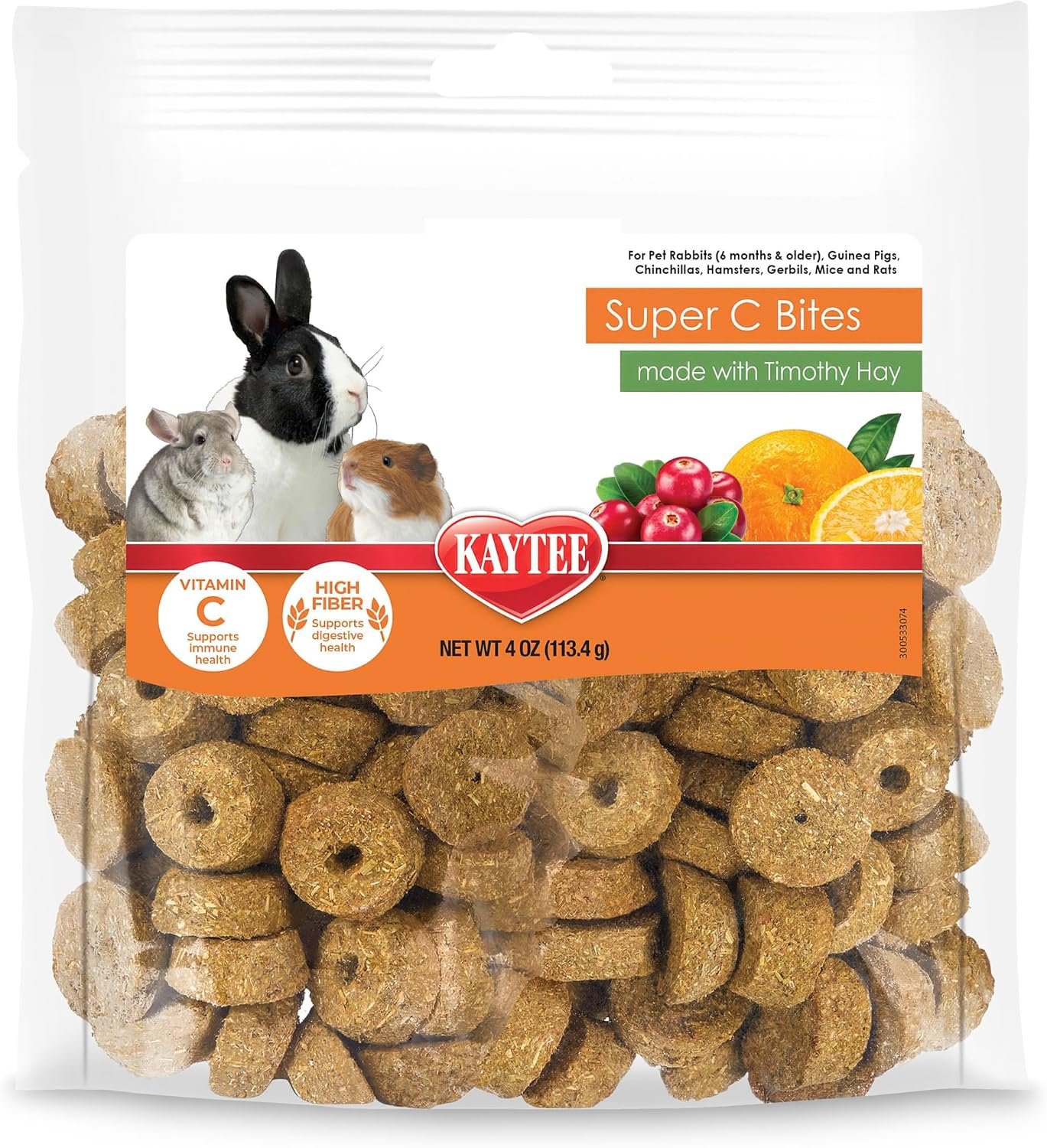 Kaytee Super C Bites Guinea Pig Treats, Cranberry, 4 Oz | Supports immune health. Super C bites with vitamin c for guinea pigs. Timothy hay, real cranberry