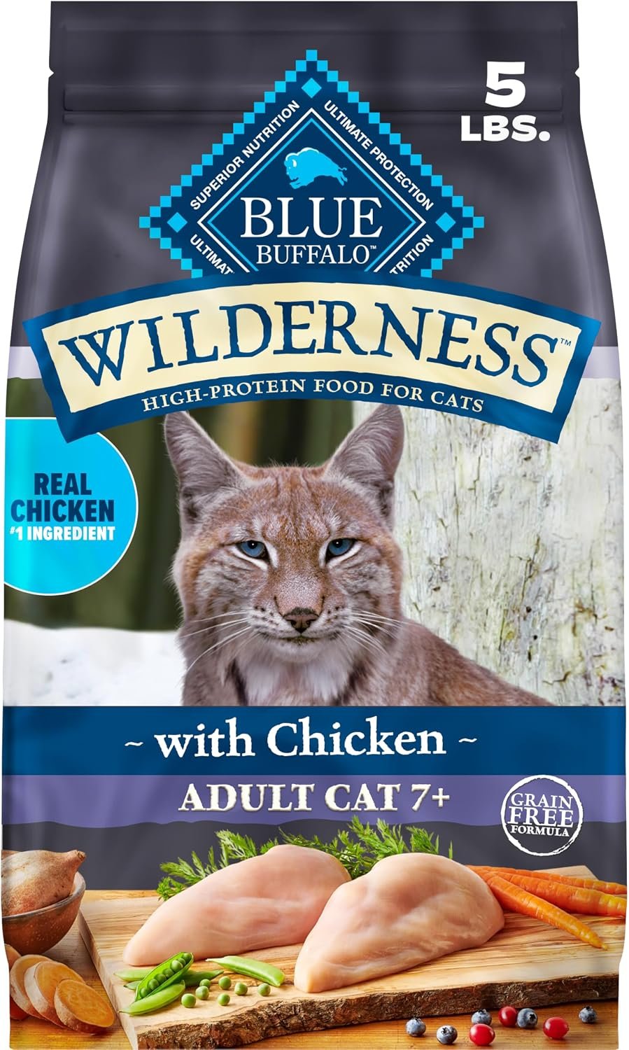 Blue Buffalo Wilderness Chicken Adult 7+ Dry Cat Food, Grain-Free, 5 lb | High Protein, Real Chicken #1 Ingredient, Supports Immunity with Antioxidant-Rich LifeSource Bits, Natural Ingredients