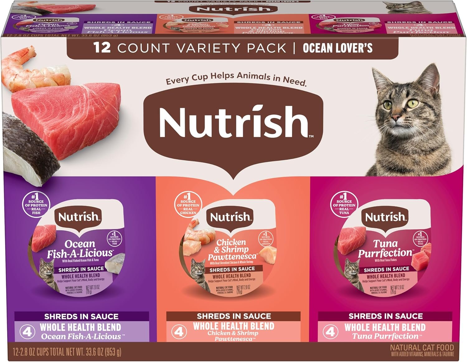 Nutrish Ocean Lover’s Wet Cat Food Variety Pack, 2.8 oz. Cup (Rachael Ray) | Includes 12 Cups of Three Grain Free Recipes: Fisha-A-Licious, Chicken & Shrimp Pawttenesa and Tuna Purrfection