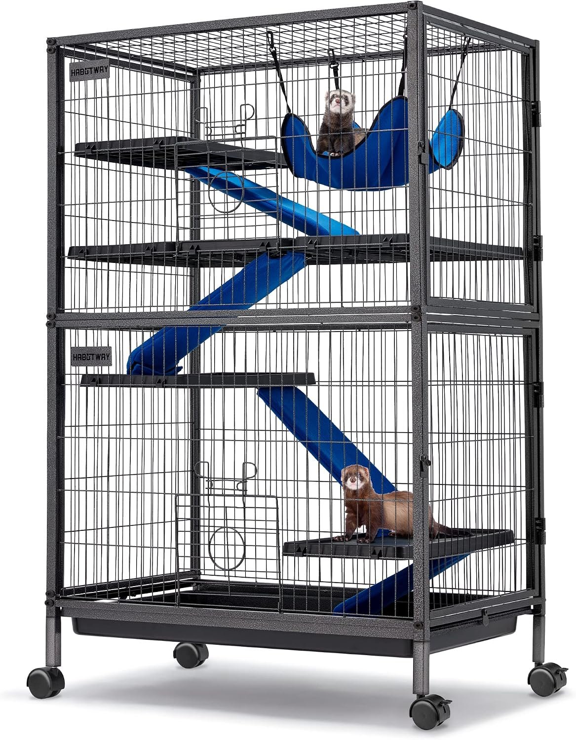 HABUTWAY 50”H Metal Small Animal Cages, Rolling Chinchilla Cage with Removable Ramps, Lagre Cage for Chinchillas/Guinea Pigs/Rabbit, Ferret Cages with Hammock & 5 Tiers, Black