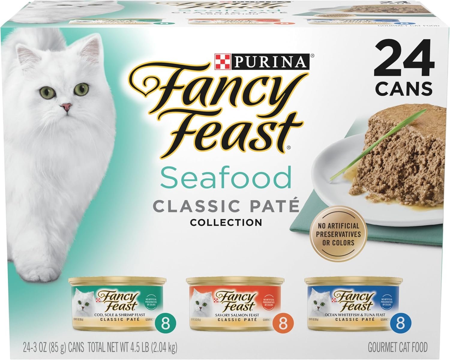 Purina Fancy Feast Seafood Classic Pate Collection Grain Free Wet Cat Food Variety Pack – (Pack of 24) 3 oz. Cans
