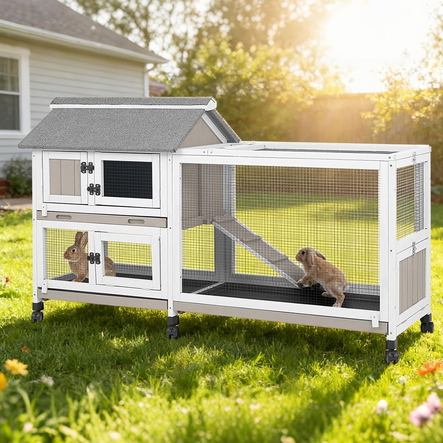 59 in Rabbit Hutch Indoor Bunny Cage, with 3 Leak-Proof Removable Trays, Expandable 2-Story Wooden Waterproof Roof Bunny House Outdoor Chicken Coop