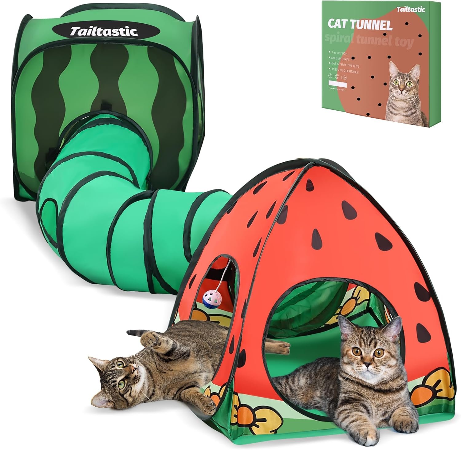 Tailtastic 3-in-1 Watermelon Cat Tunnel with Cube, Tent & Ball for Indoor | 3-way S-tunnel with hide & seek portals & balls, multi-cat cube,30-sec hook-and-loop assembly, foldable for easy storage