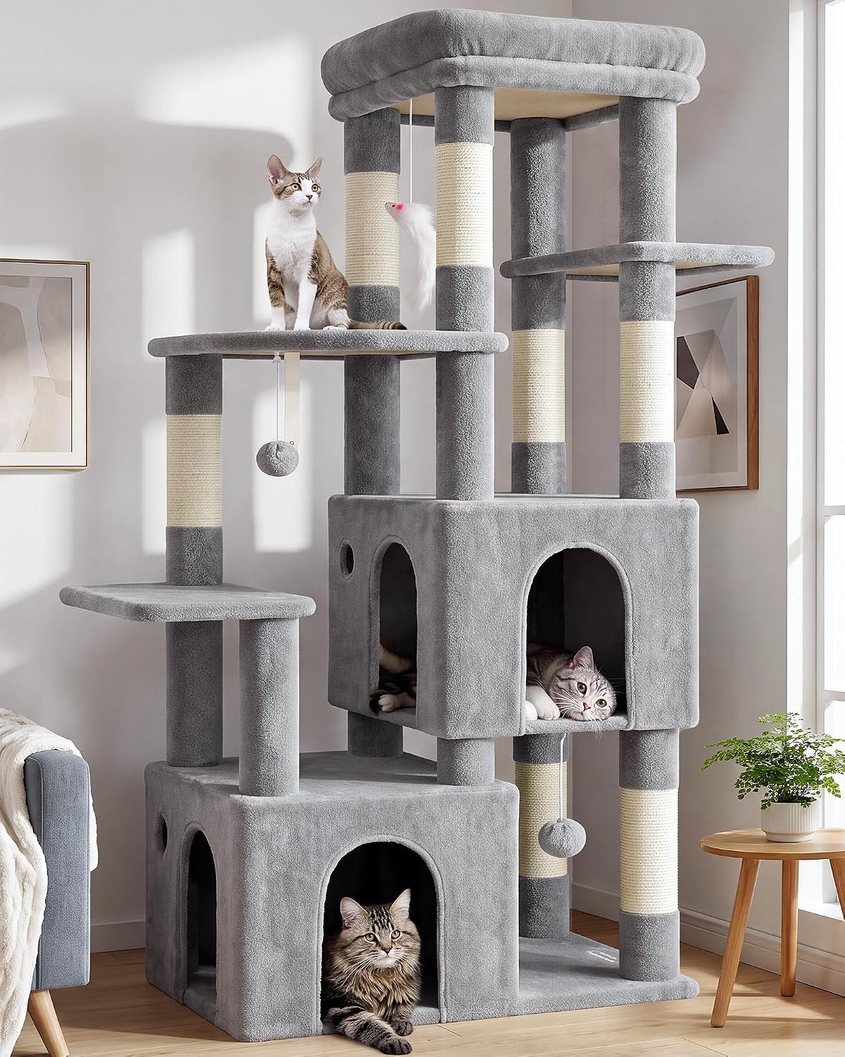 Globlazer Cat Tower for Indoor Cats, Heavy Duty Cat Trees for Large Cats Adult Big Cats Maine Coon Cat Tree Tower with Scratching Post, Extra Large Top Perch, Cat Condos, F61, Light Grey, 61inch | Cat Tower for Indoor Large Adult Cats with Scratching Post, Extra Large Top Perch, Cat Condos, 61inch