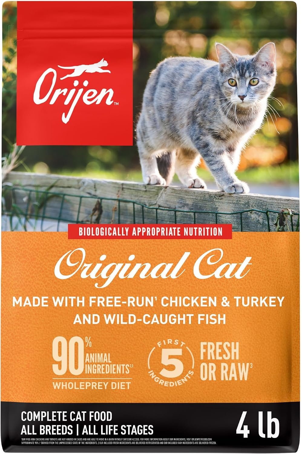 ORIJEN Grain Free WHOLEPREY Dry Cat Food Original Recipe 4lb Bag | 90% Animal Ingredients, Freeze Dried, Fresh or Raw Ingredients, High Protein, Heart Health, Free-Run Poultry