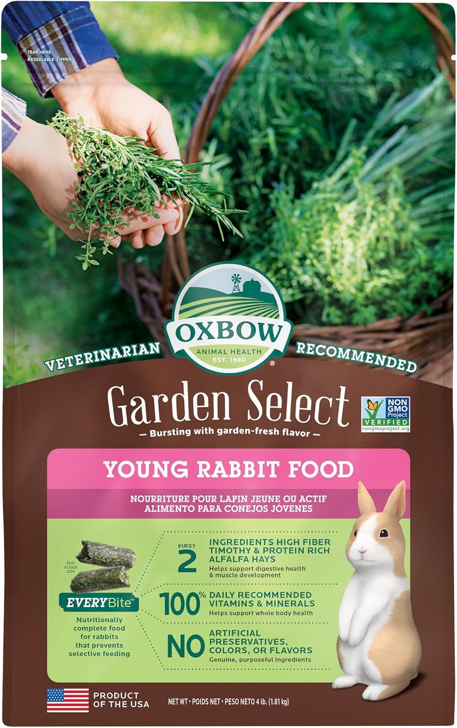 Oxbow Garden Select Young Rabbit Food, High-Fiber Rabbit Pellets, USA, 4 lb