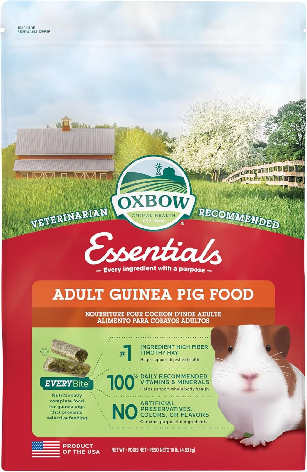 Oxbow Essentials Adult Guinea Pig Food, Timothy Hay Pellets, USA, 10 lb | Guinea Pig Pellets, Vitamin C For Guinea Pigs, Stabilized, High Fiber, Made in USA, Uniform Food, Prevents Selective Feeding