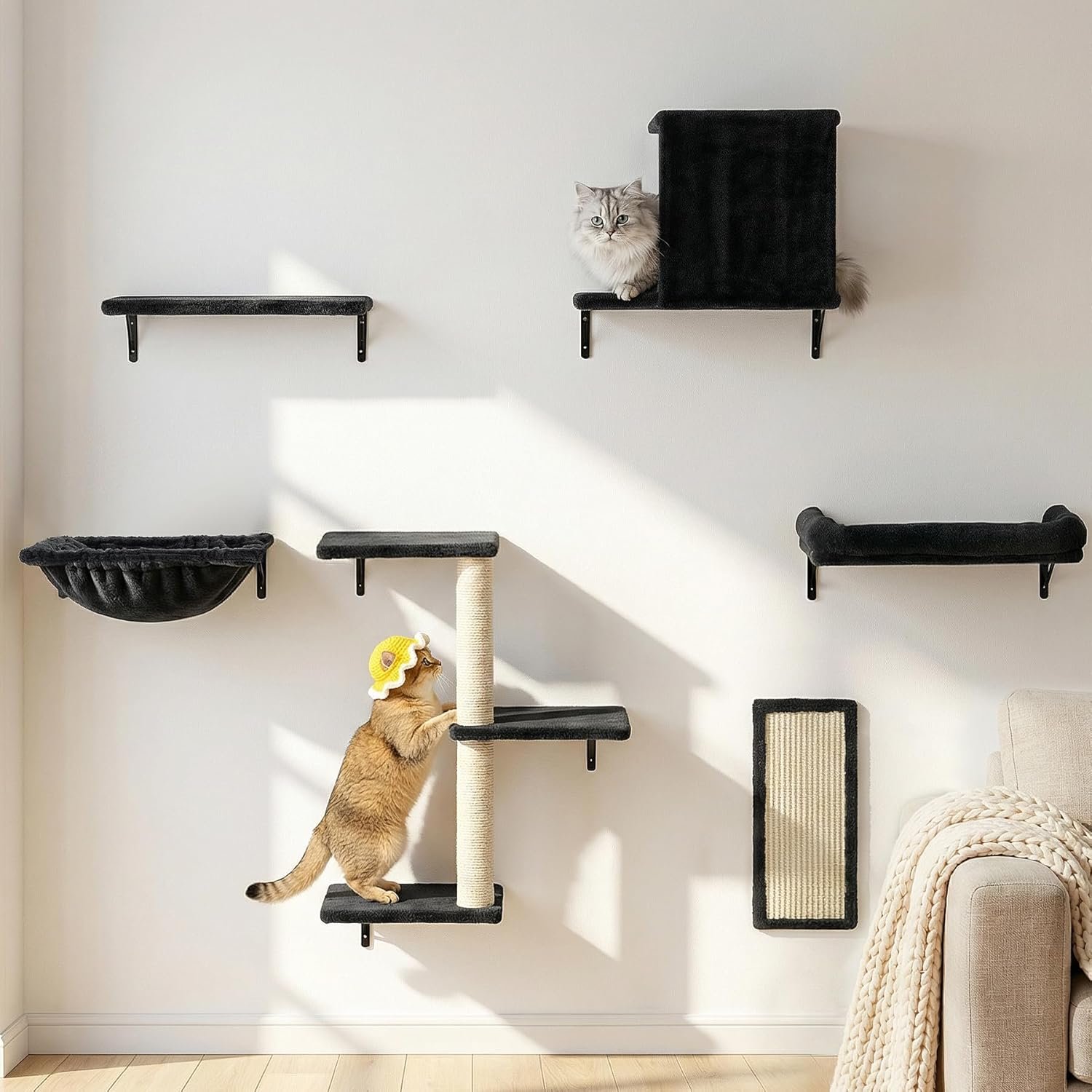 Aechonow Heavy Duty Cat Wall Shelves for Large Cats, 6-in-1 Cat Furniture | 17″ × 11.9″ Large Perch Bed and Hammock, Cat Climbing Wall Systems with Vertical Cat Scratcher