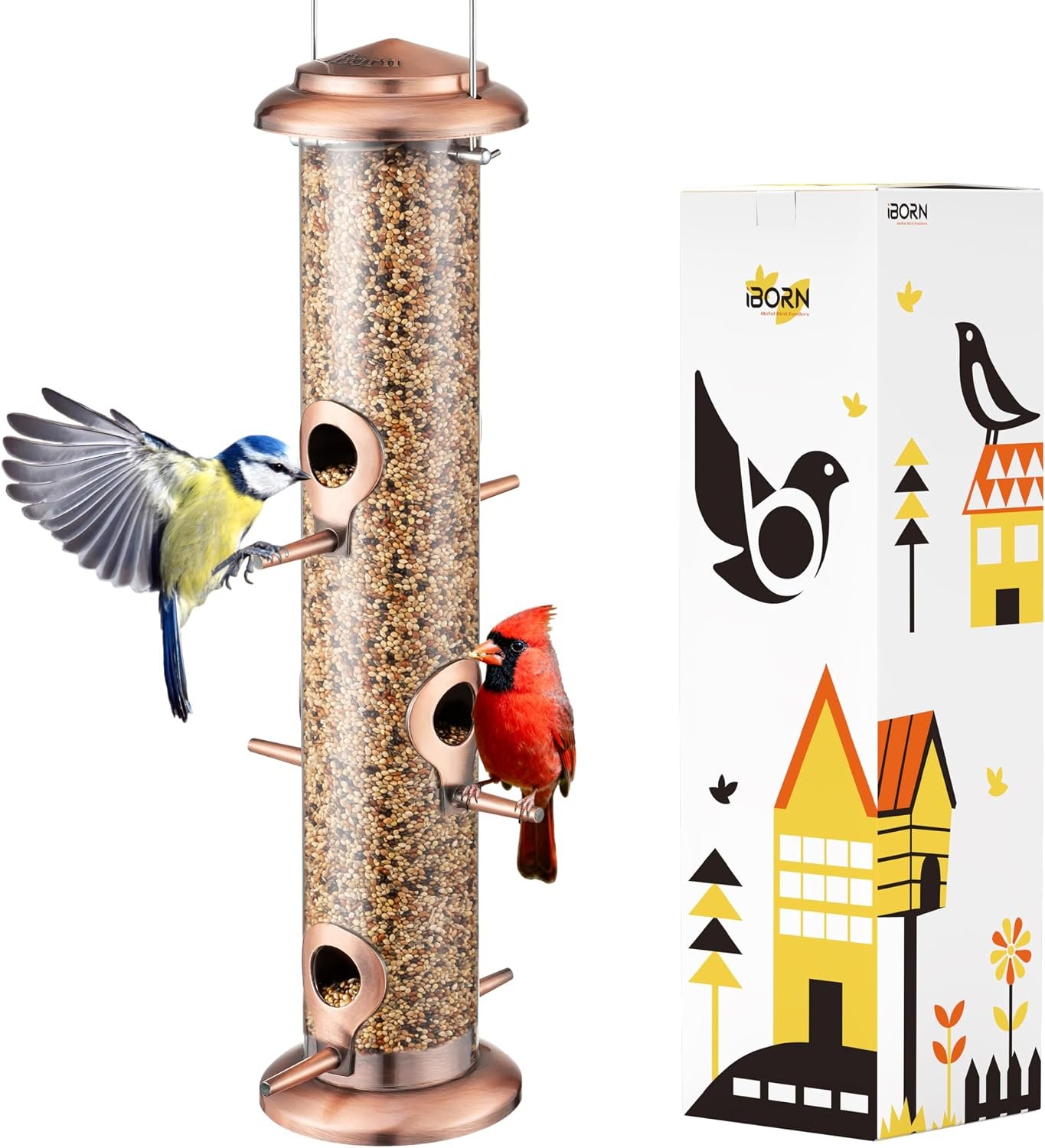 iBorn Bird Feeders for Outdoors 15″ 6 Ports Chew-Resistant, Copper, 1PK
