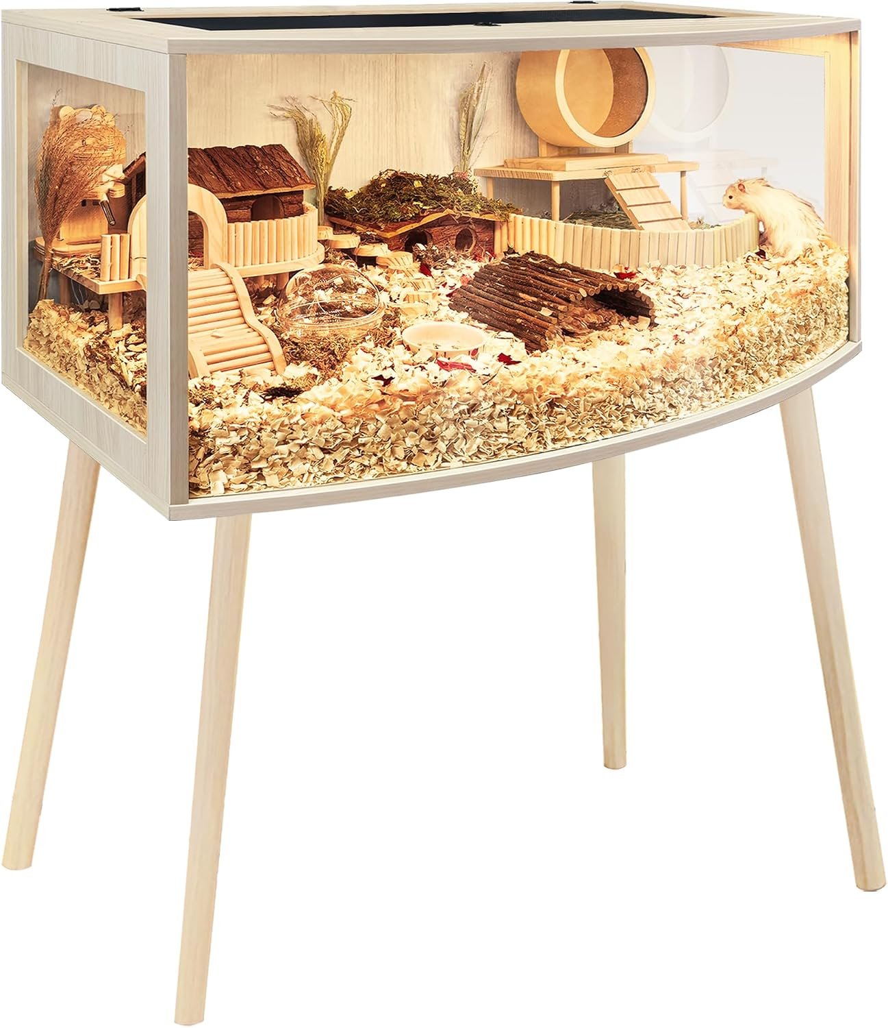 Prolee Hamster Cage with Curved Design,Chew Proof Wooden Hamsters Enclosure with Leg Stand and Openable Top or Gerbils,Hamster Habitat