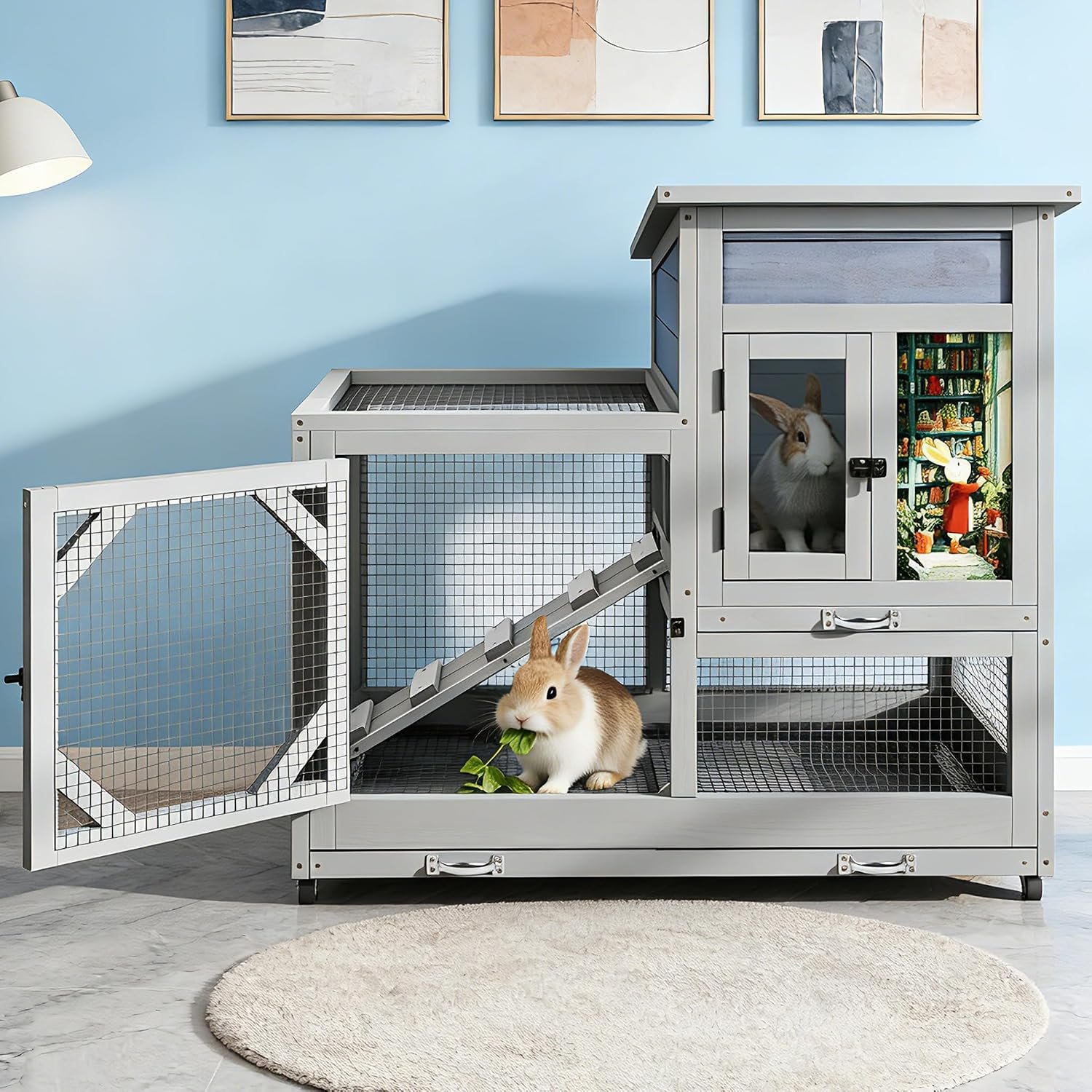COZIWOW Rabbit Hutch Indoor Outdoor Bunny Cage with Wire Floors, Gray | 2 Wire Floors & Removable Trays, 2-Story Large Wooden Rabbit Cage on Wheels, Chewproof Ramp for Multiple Small Animals