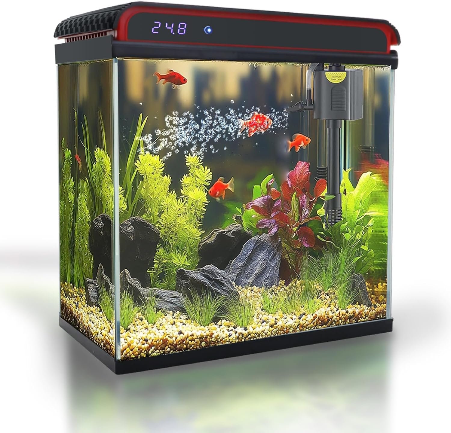 Glass 10 Gallon Fish Tank Aquarium – Smart Self-Cleaning Starter Kit with 3-Color LED Light, Ultra Quiet Pump & Filter, Temperature Monitoring for Betta Fish and Shrimp