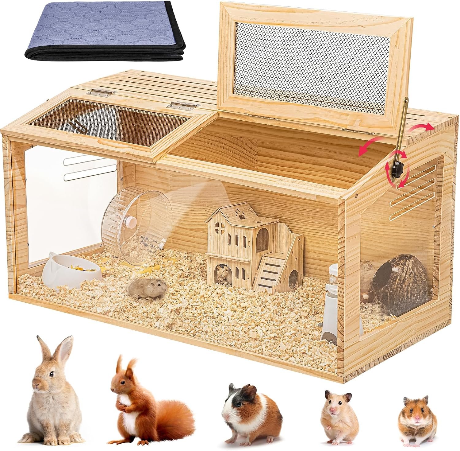 Hamster Cage 32″ Wooden Chewproof, 270° Panoramic View Large Habitat with Bite-Proof Mesh, Top Dual Access Doors & Acrylic Panels, for Syrian/Dwarf Hamsters, Guinea Pigs, Chinchillas & Gerbils