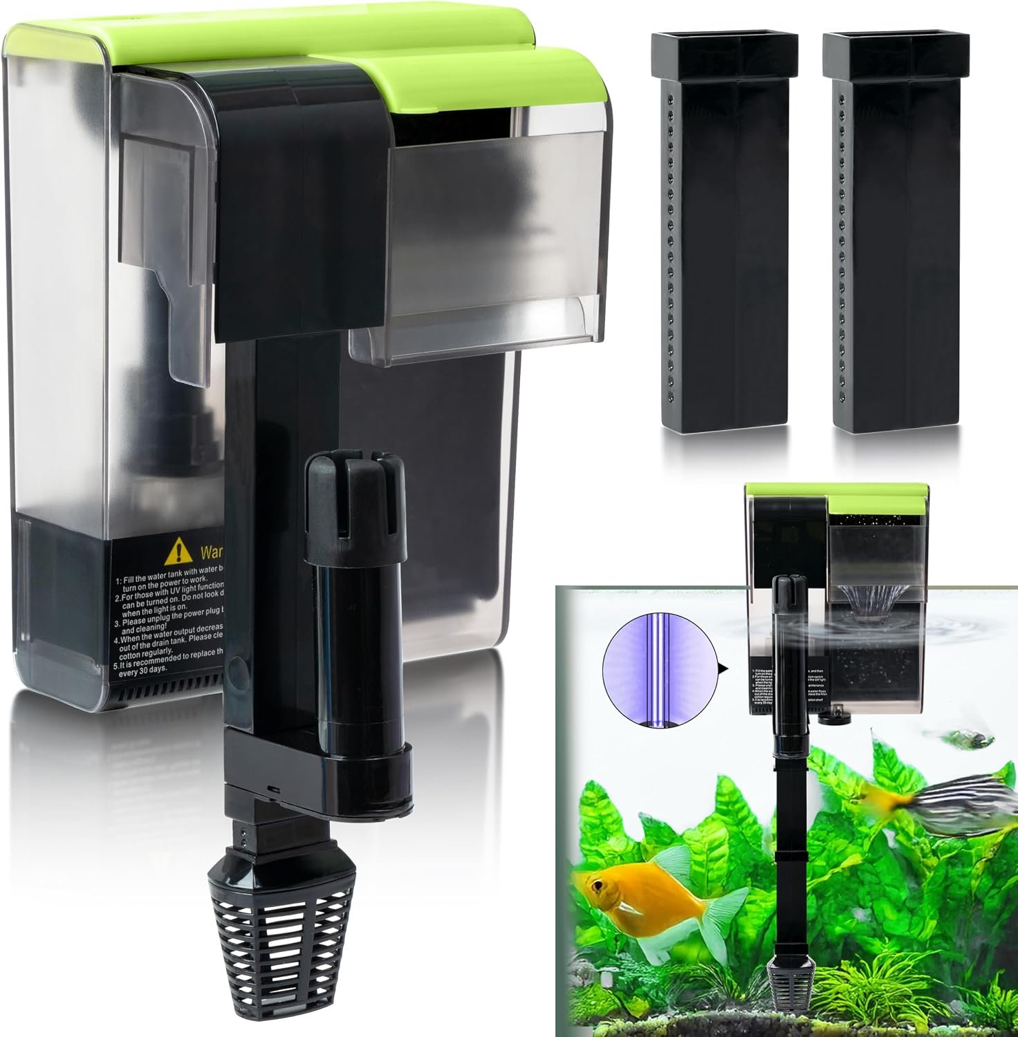 MALLMALL6 Aquarium Filter with U-V Light, Quiet Activated Carbon Biochemical Hang On Back Fish Tank Water Filtration with 2 Adjustable Extension Hose for 10-20 Gallon, 119 GPH 5W Power Oxygen Pump