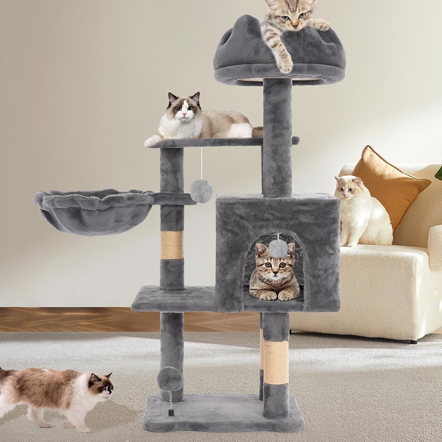 Cat Tree Tower with Hammock,40″ Cat Trees for Indoor Cats Large Adult(Grey) | Modern Cat Tree Tower with Scratching Post, Cats Condo Furniture with Cloud Top Perch, Cats Climbing Tower for Kittens