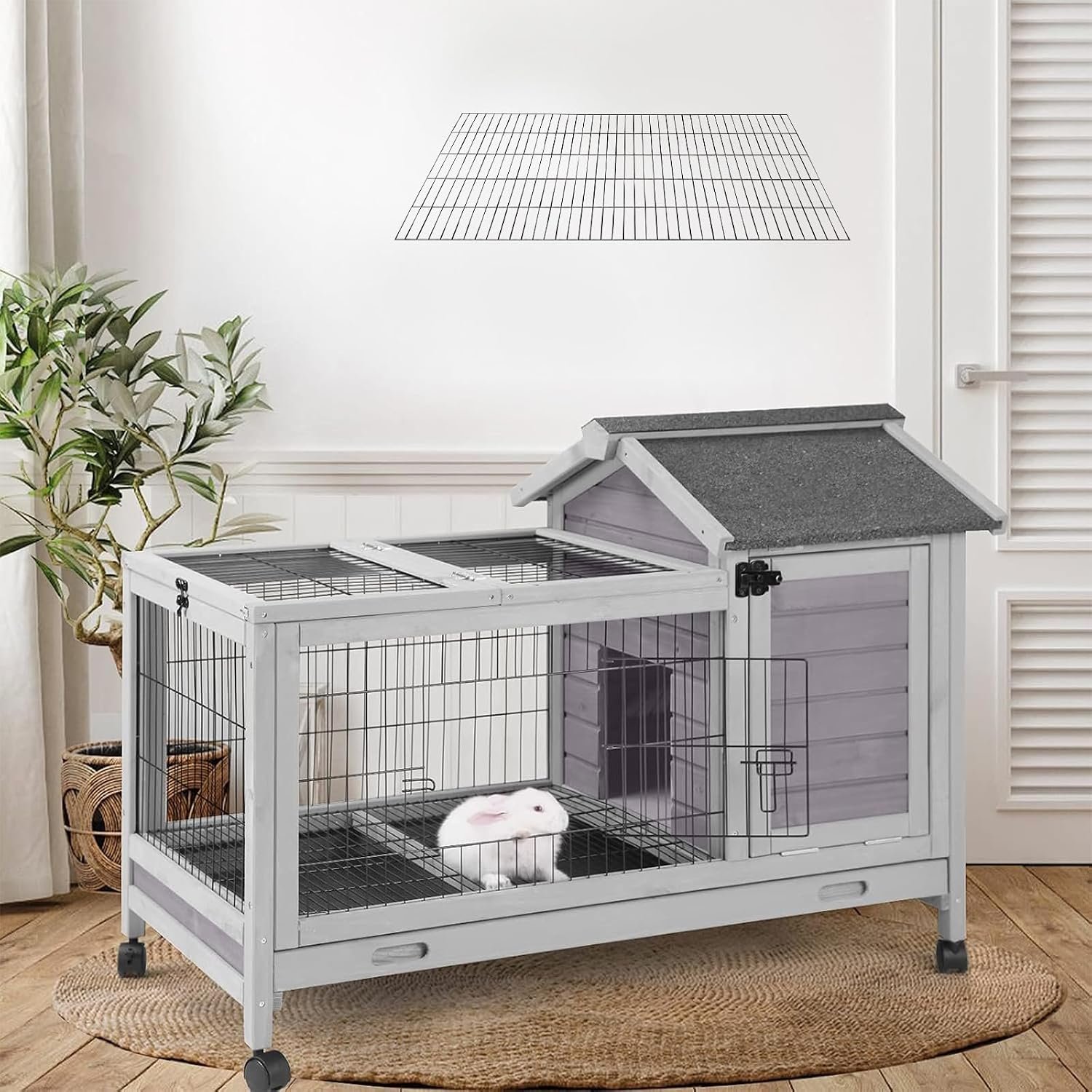 Rabbit Hutch Indoor Bunny Cage Outdoor Wood House with Wire Mesh,Grey