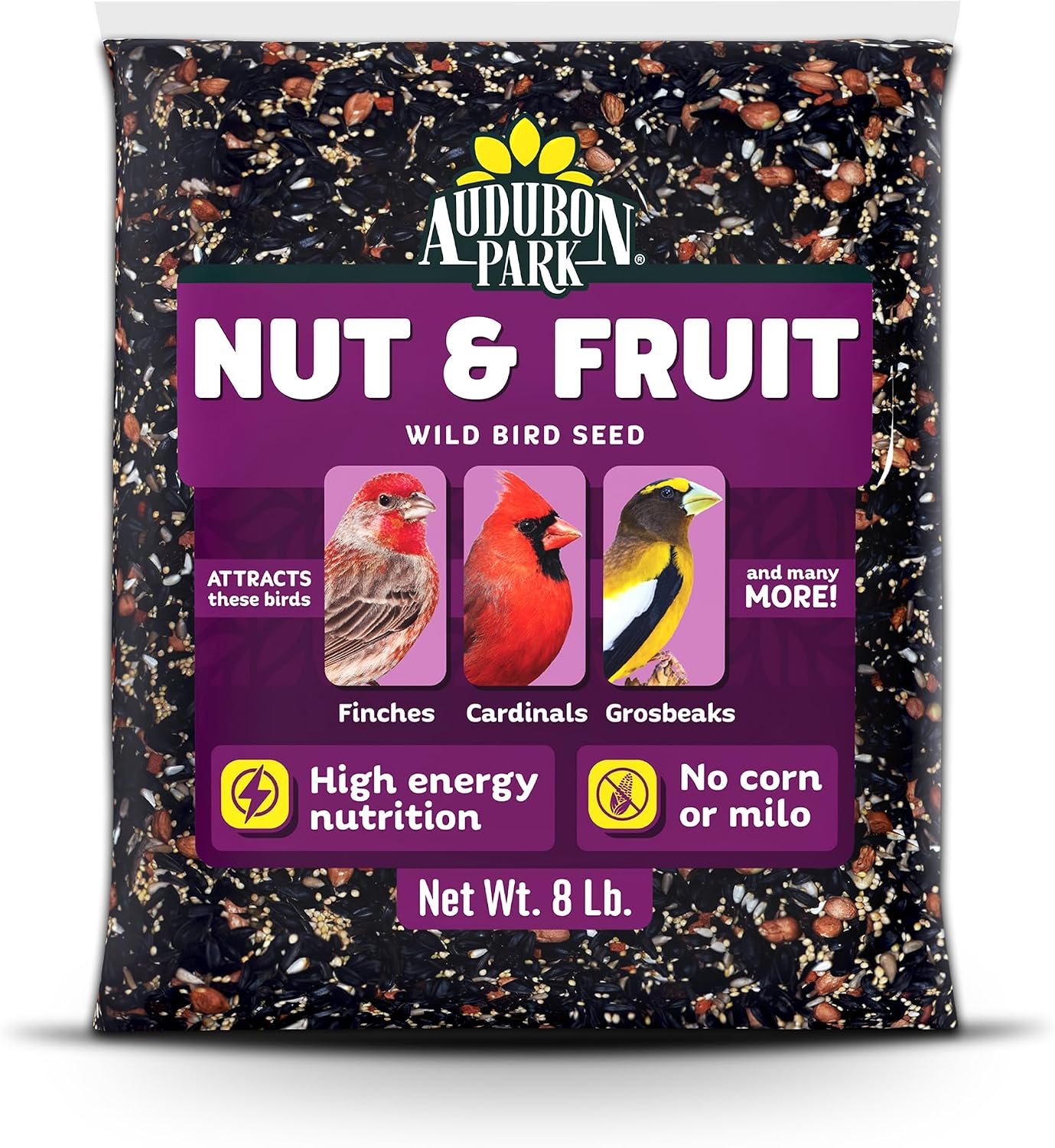 Audubon Park Nut & Fruit Wild Bird Seed, 8 lb | Premium Blend of Sunflower Seeds, Peanuts, Safflower & Dried Fruit – Bird Food for Outside Feeders